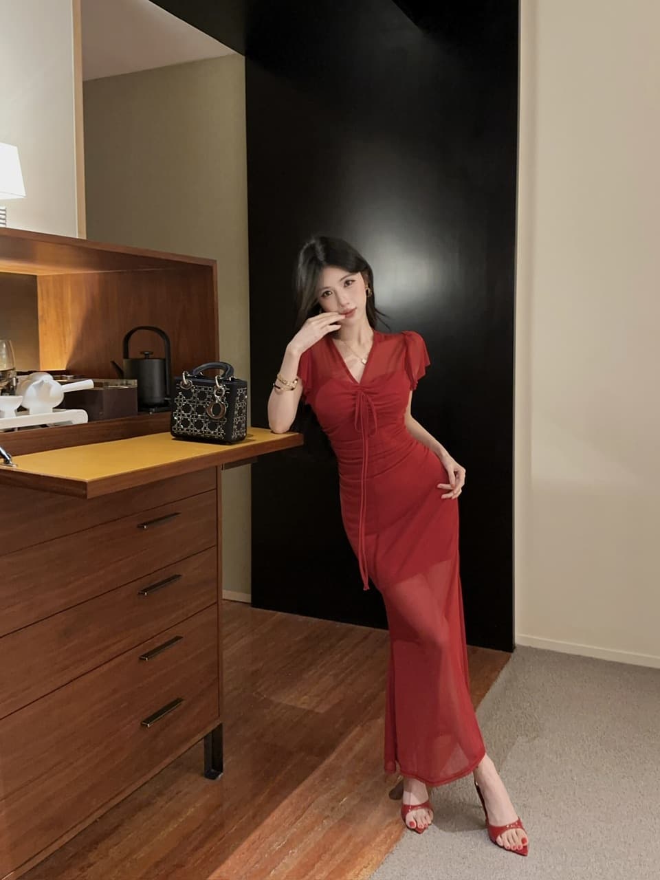 실사 망사 펌프 로프 롱 코트 반팔 드레스 복장 상세 이미지 18