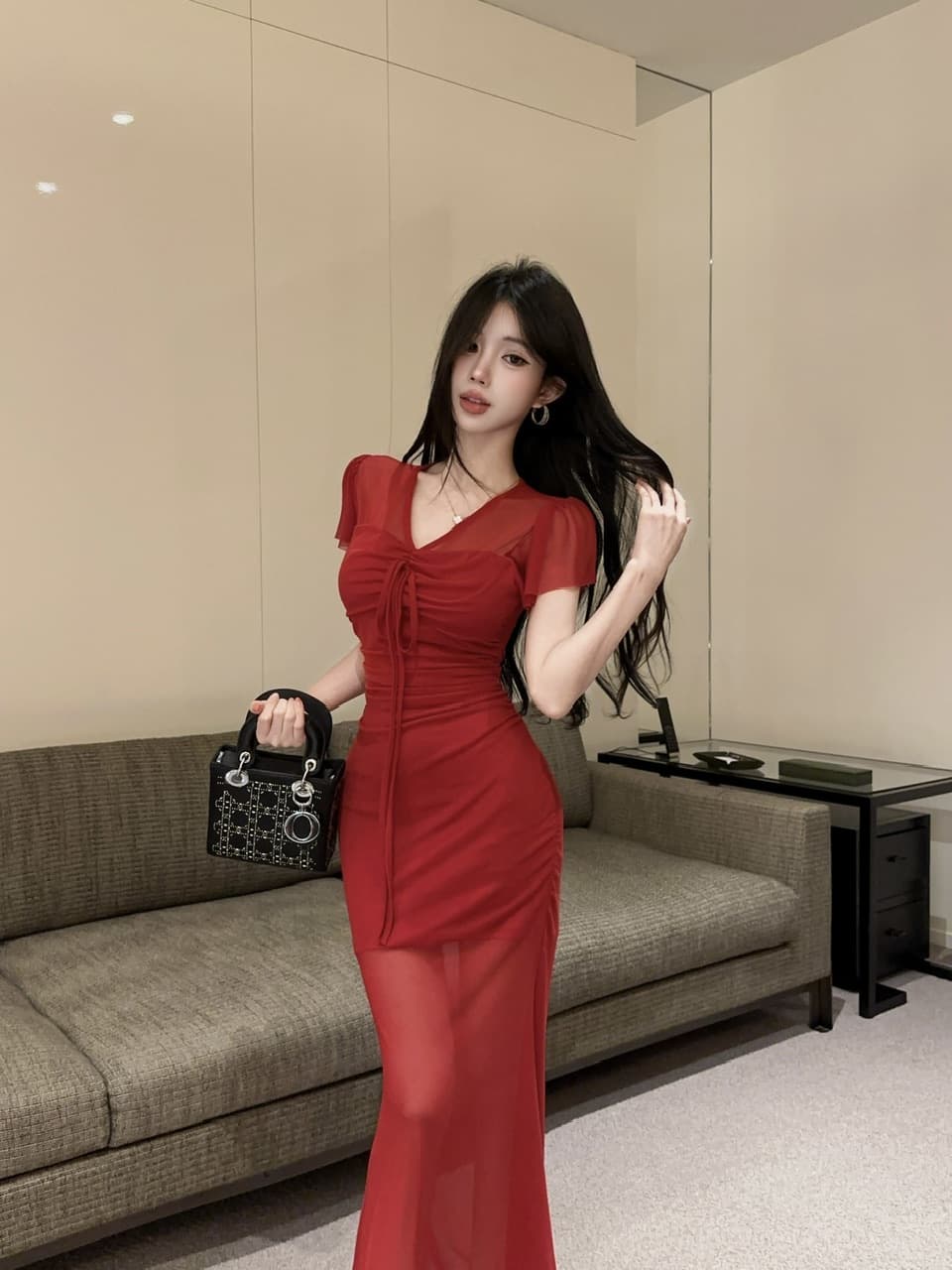 실사 망사 펌프 로프 롱 코트 반팔 드레스 복장 상세 이미지 21