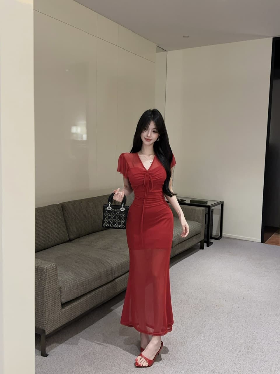 실사 망사 펌프 로프 롱 코트 반팔 드레스 복장 상세 이미지 22