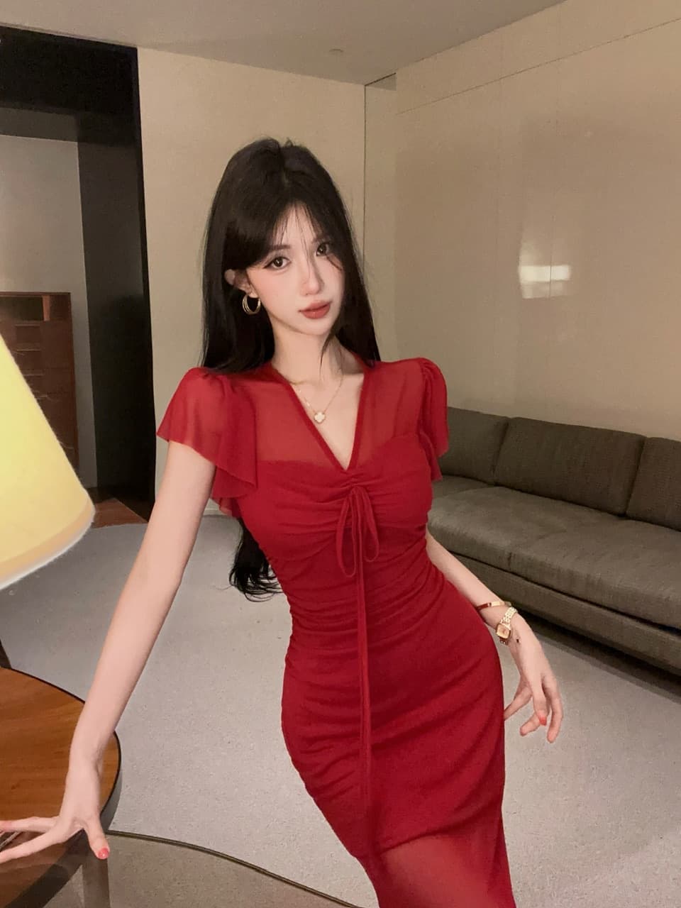 실사 망사 펌프 로프 롱 코트 반팔 드레스 복장 상세 이미지 25