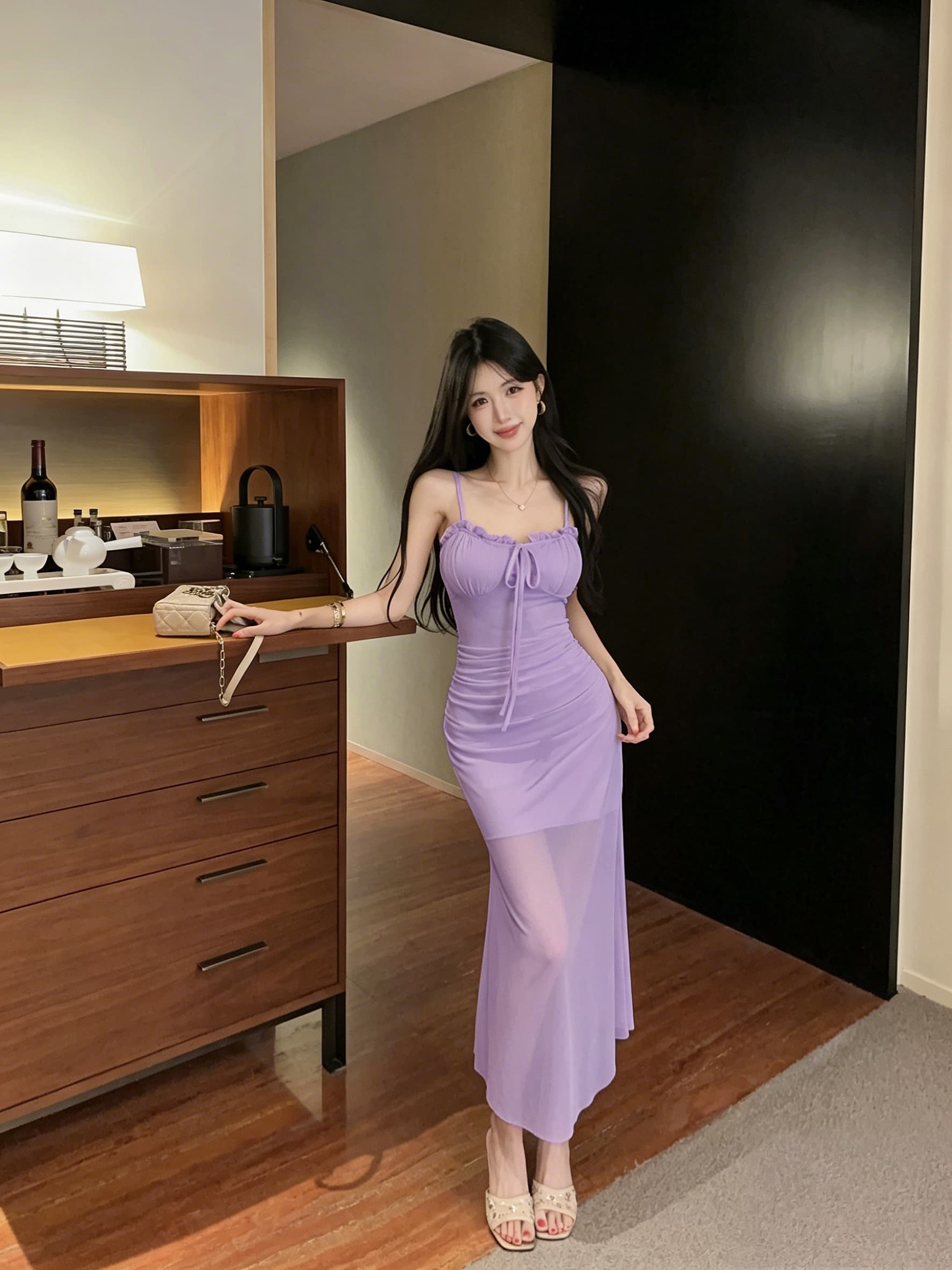 실사 섹시함 망사 슬립 드레스 롱 코트 주름 치마 상세 이미지 2