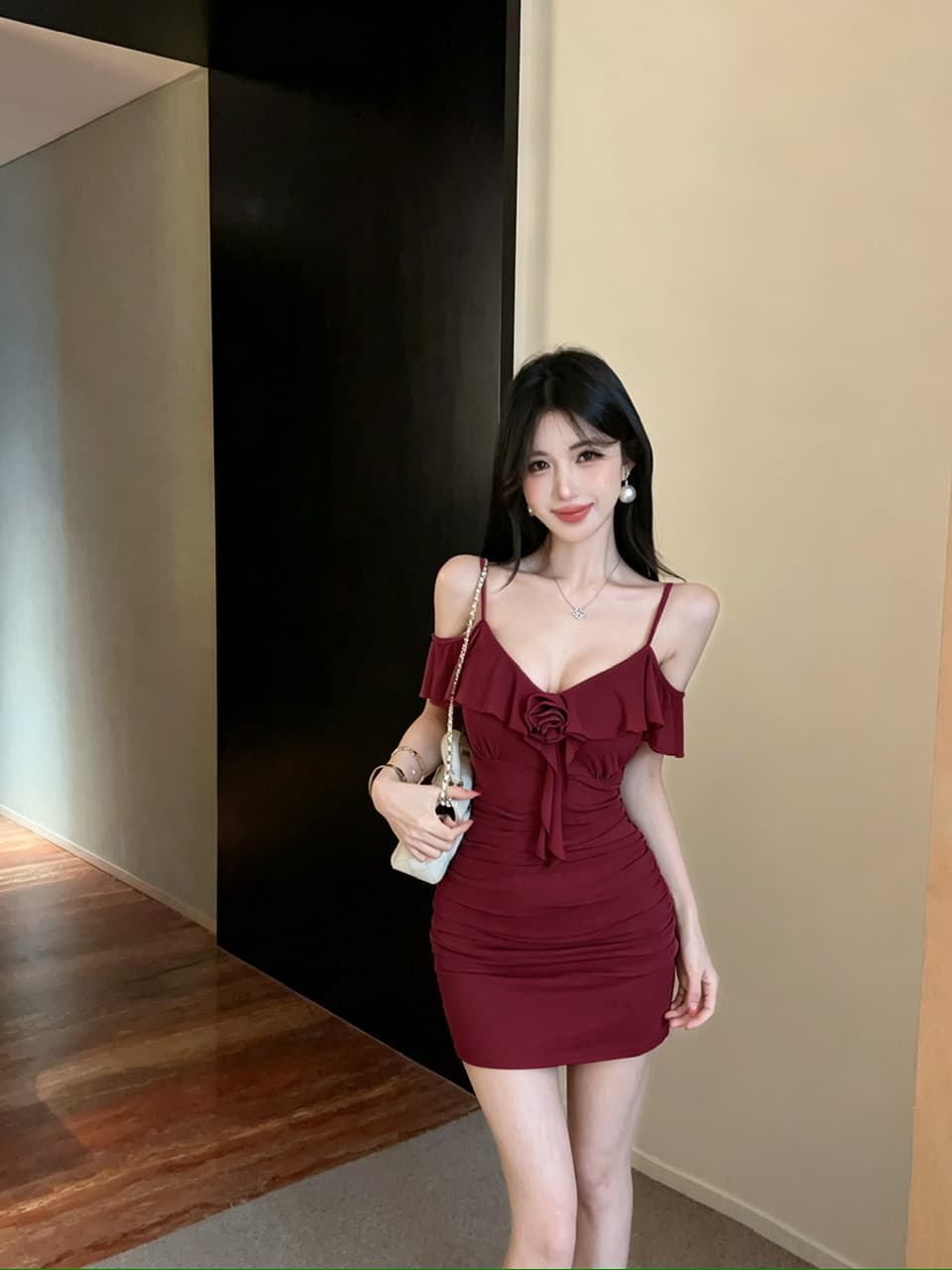 실사 꽃 패치워크 쇼트 스타일 망사 타이트 스커트 드레스 복장 이미지 2