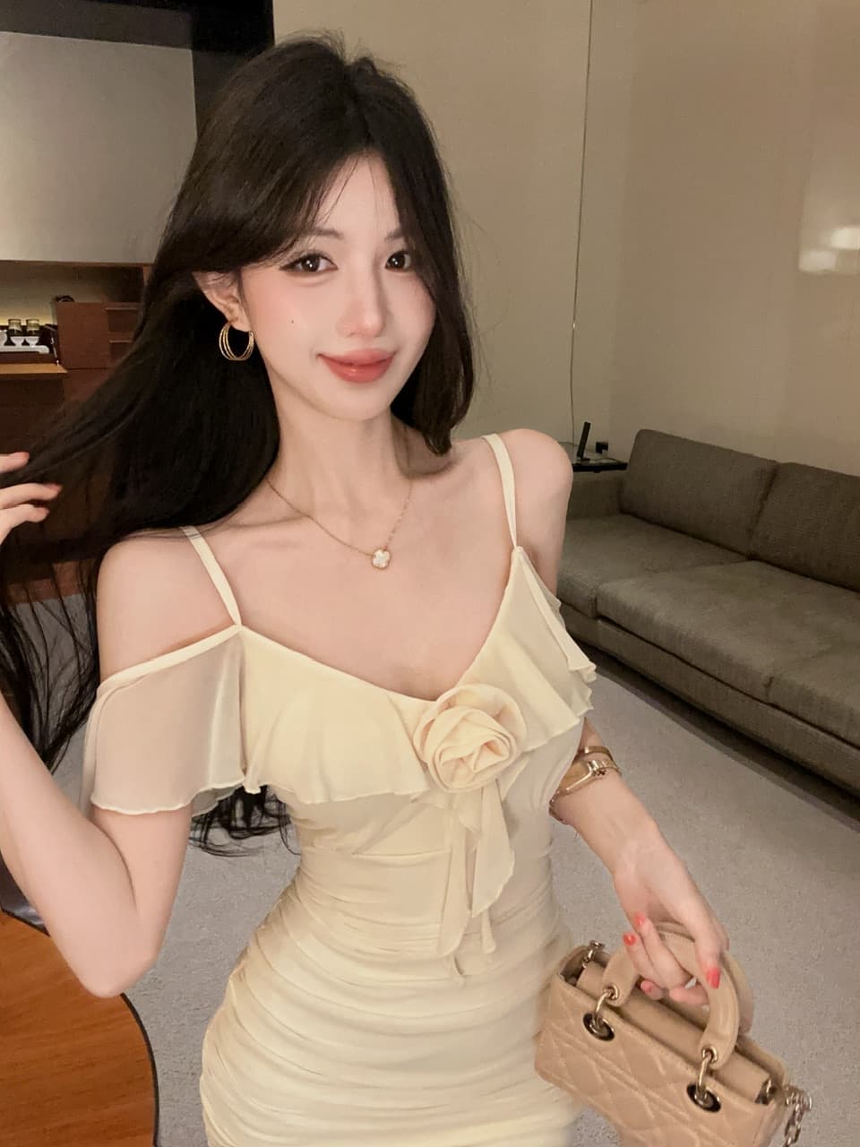 실사 꽃 패치워크 쇼트 스타일 망사 타이트 스커트 드레스 복장 상세 이미지 11