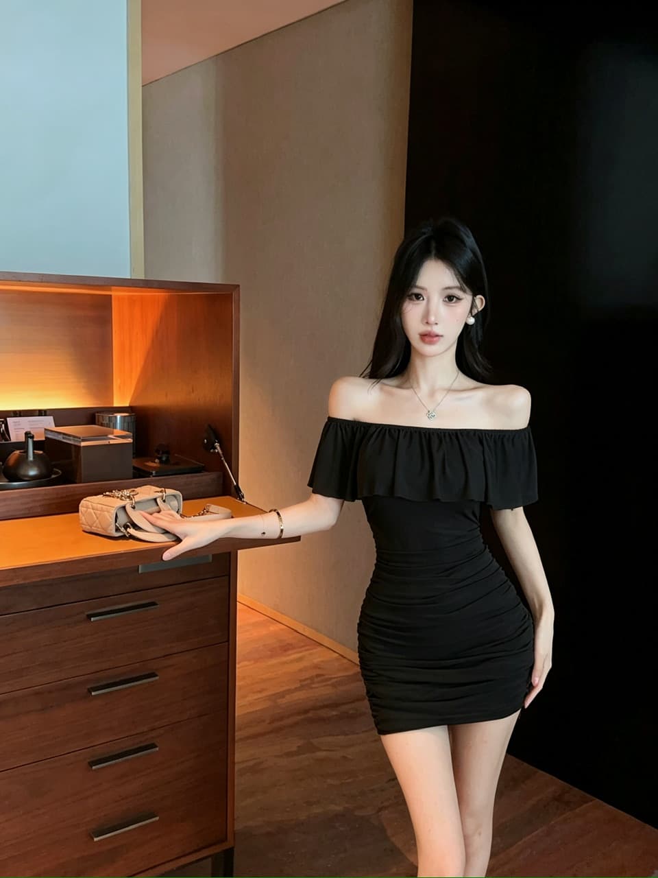 실사 망사 프릴 보트넥 오프숄더 드레스 쇼트 스타일 이미지 3