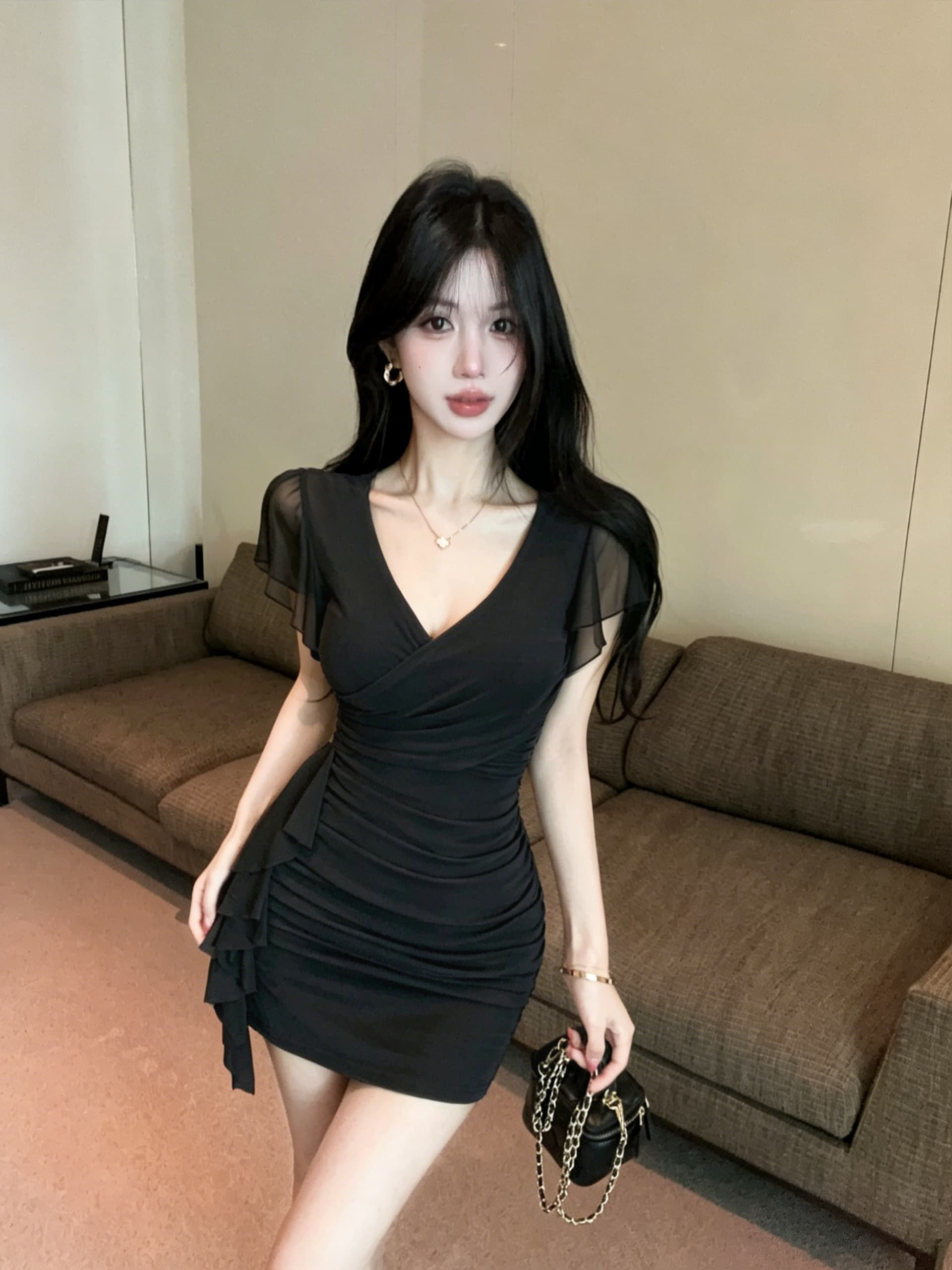 실사 섹시함 망사 술 패치워크 쇼트 스타일 타이트 스커트 드레스 이미지 2