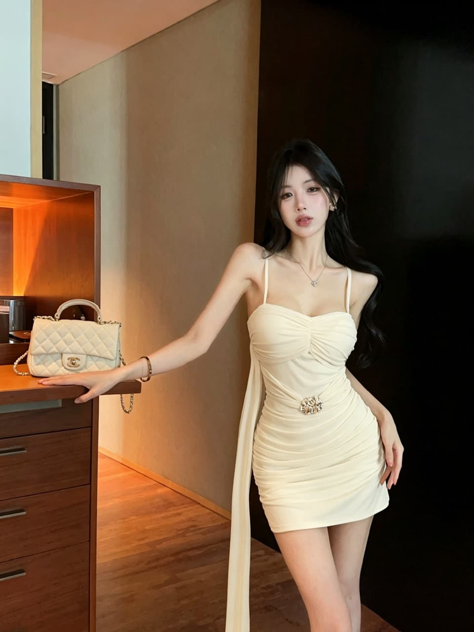 실사 쇼트 스타일 망사 타이트 스커트 술 패치워크 드레스 복장