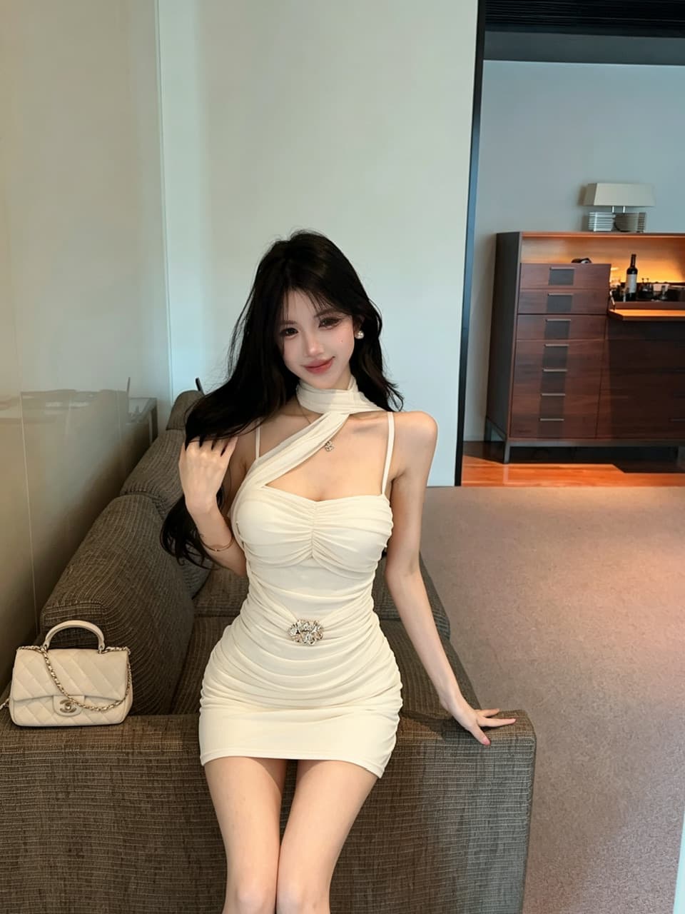 실사 쇼트 스타일 망사 타이트 스커트 술 패치워크 드레스 복장 상세 이미지 7