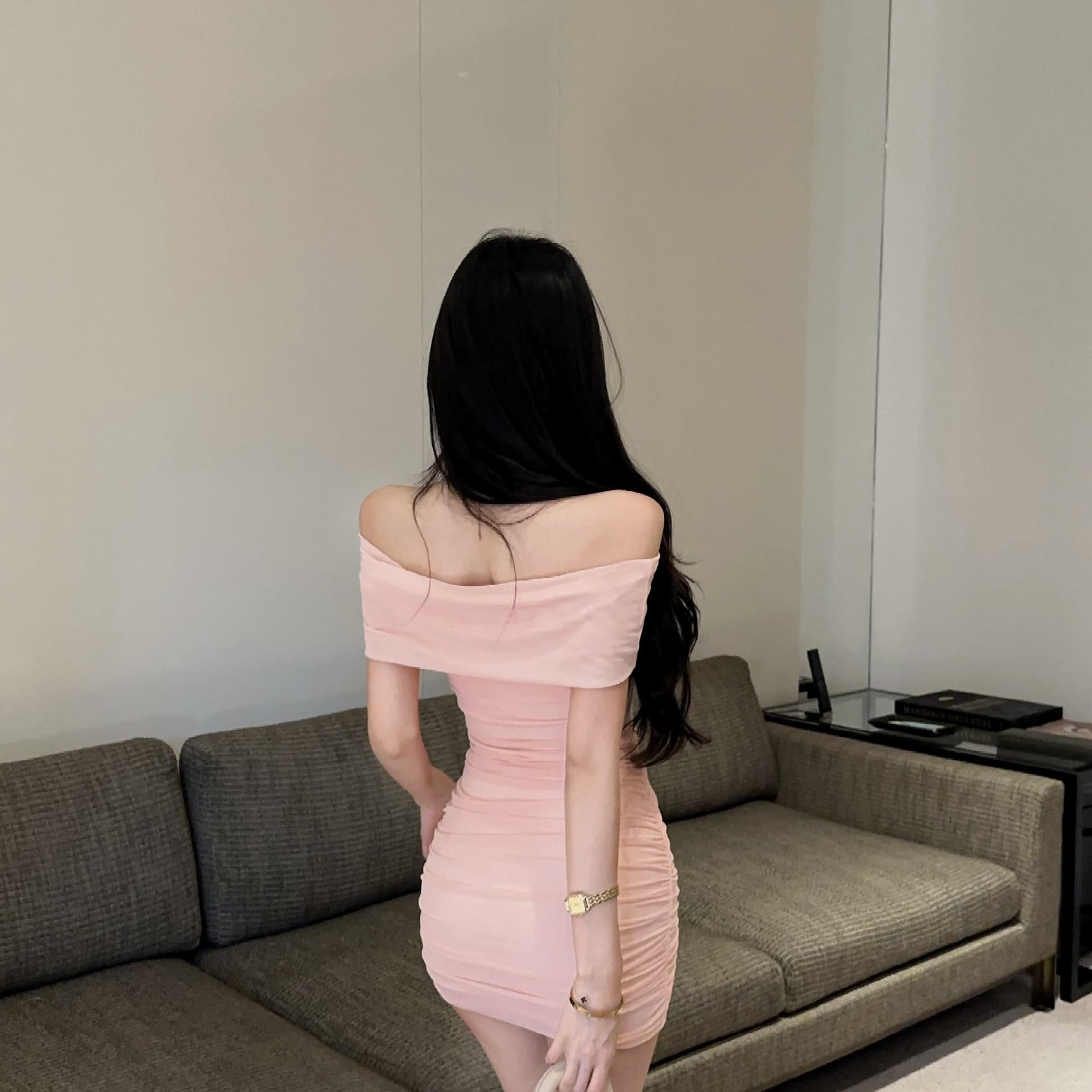 실사 망사 오프숄더 타이트 스커트 쇼트 스타일 드레스 복장 이미지 5