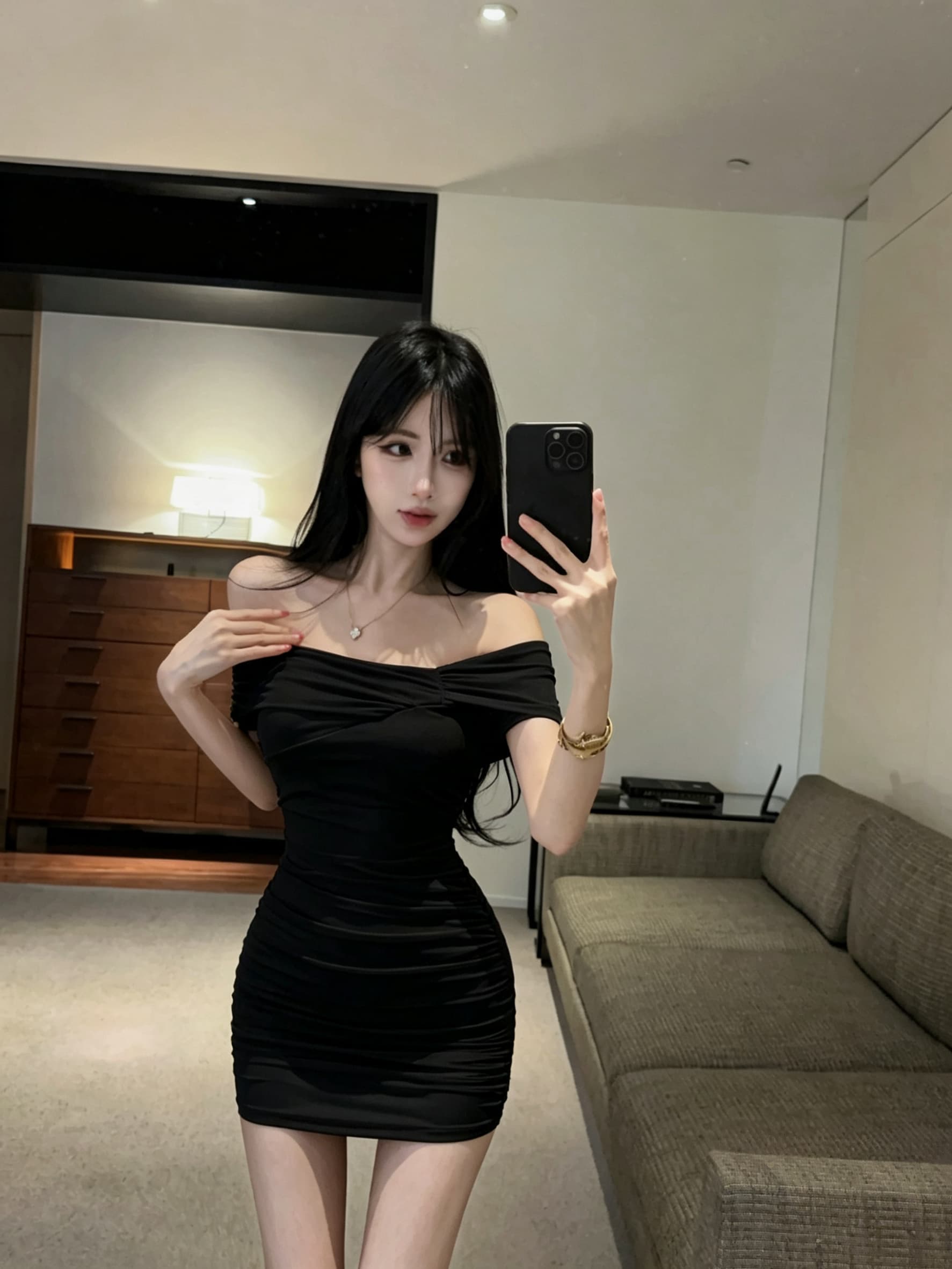 실사 망사 오프숄더 타이트 스커트 쇼트 스타일 드레스 복장 상세 이미지 7