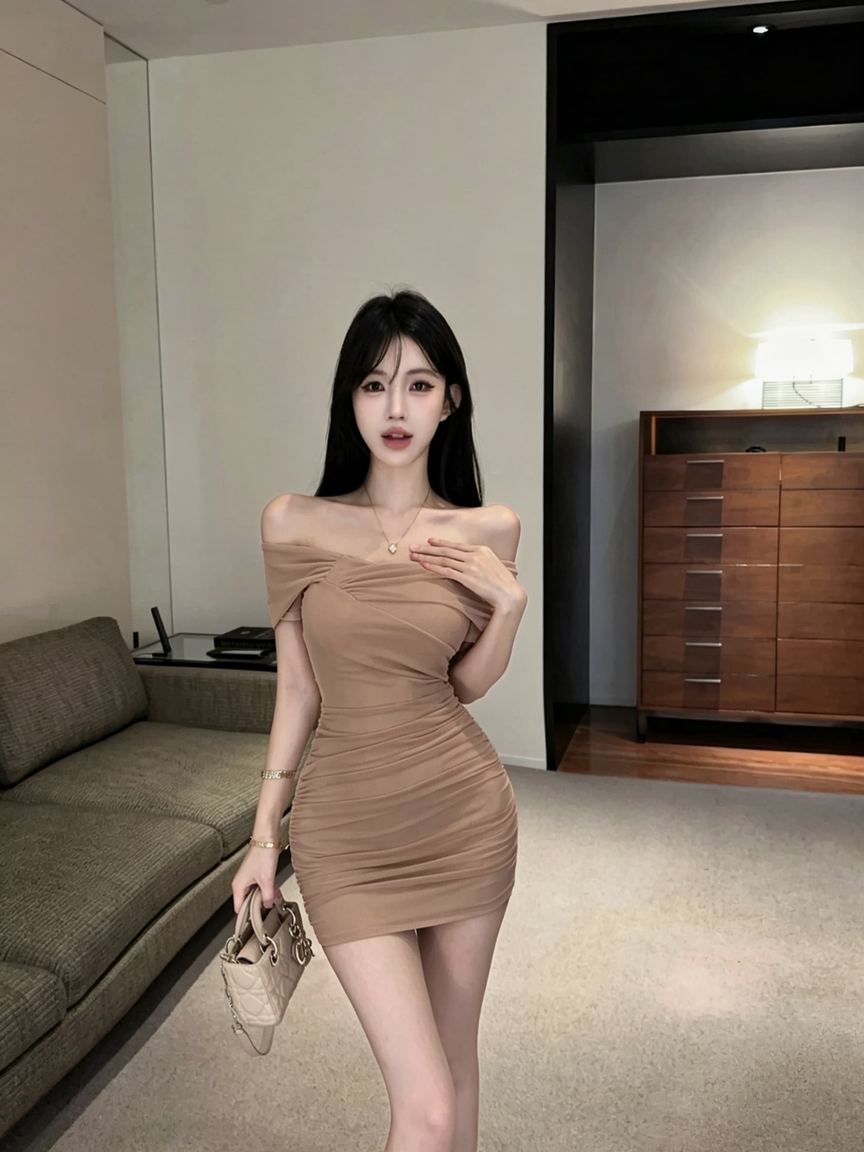 실사 망사 오프숄더 타이트 스커트 쇼트 스타일 드레스 복장 상세 이미지 15
