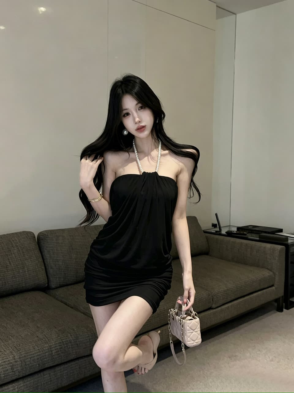 실사 망사 페이크 레이어드 행침 목 드레스 쇼트 스타일 이미지 2