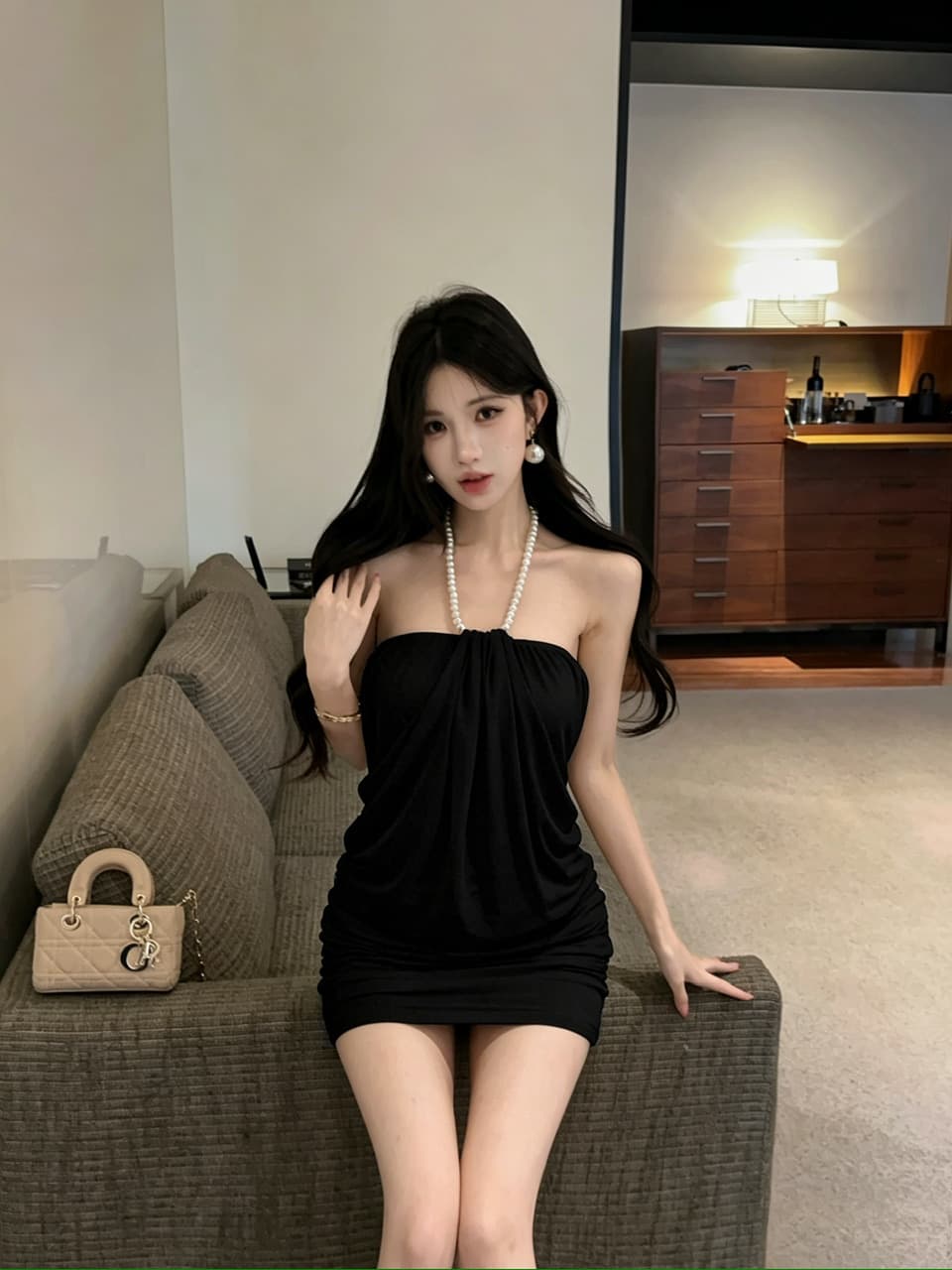 실사 망사 페이크 레이어드 행침 목 드레스 쇼트 스타일 상세 이미지 12