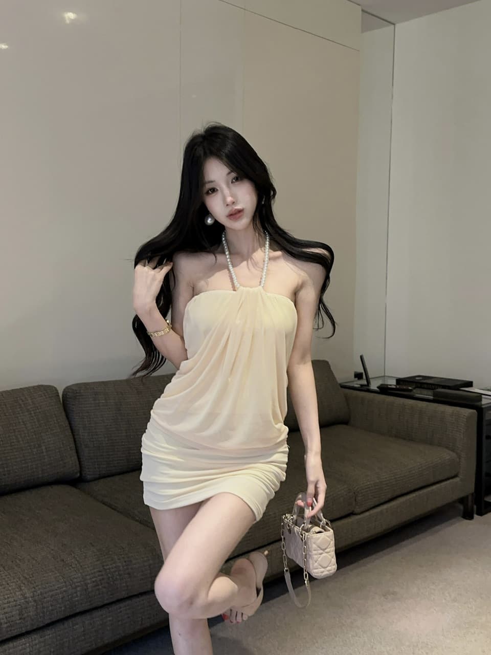 실사 망사 페이크 레이어드 행침 목 드레스 쇼트 스타일 상세 이미지 21