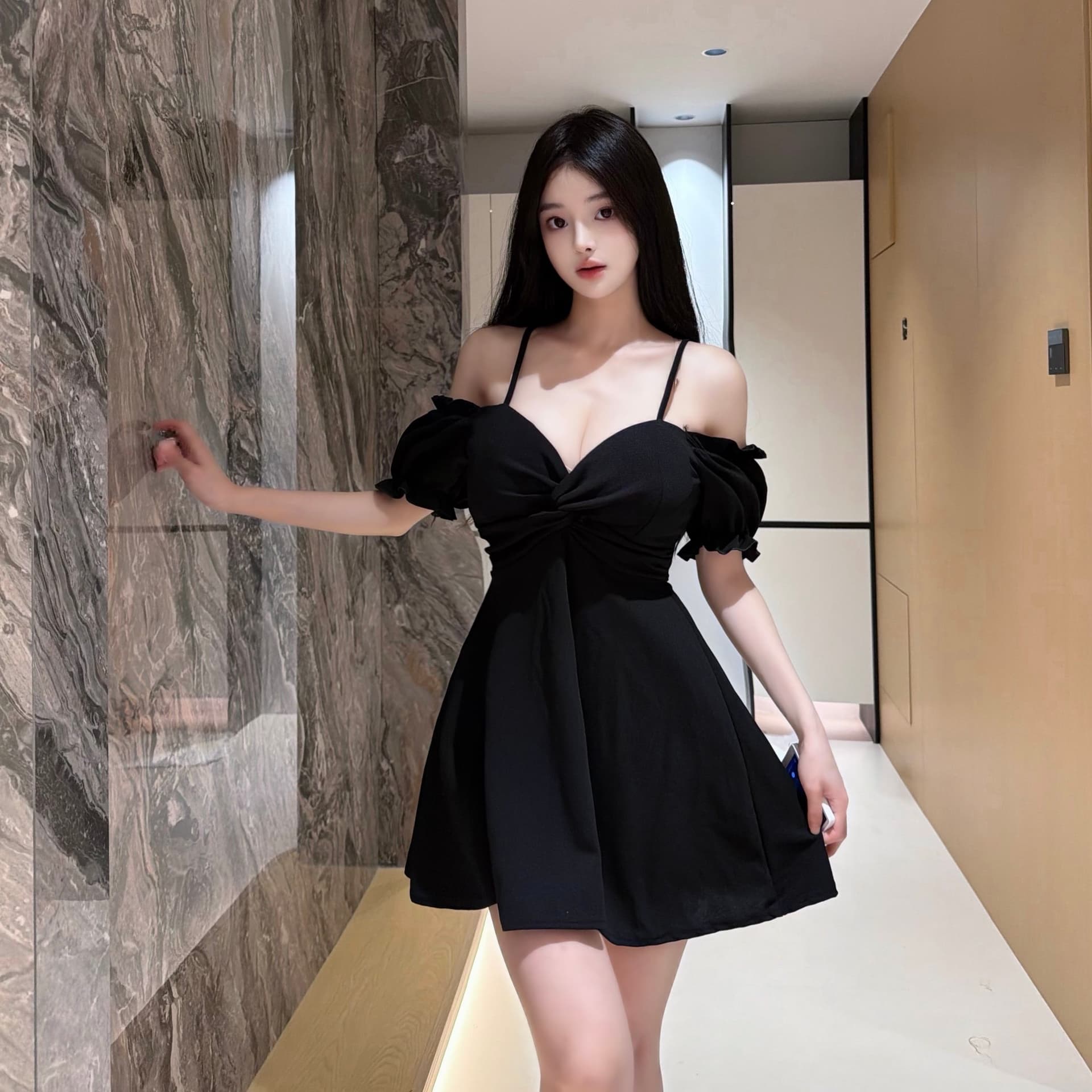 실사 섹시함 낮은 네크라인 오프숄더 반팔 큰 진자 허리 수축 드레스 이미지 2