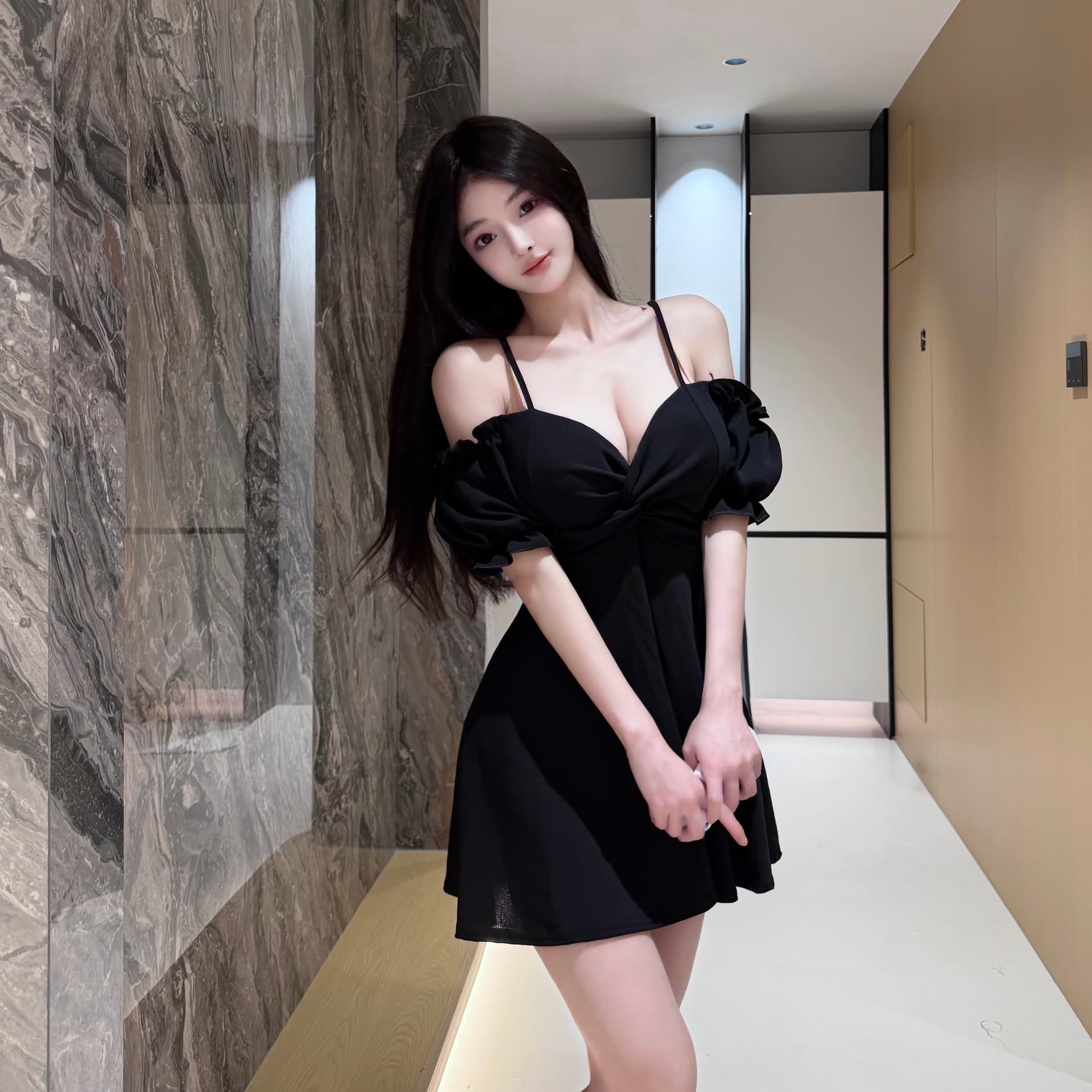 실사 섹시함 낮은 네크라인 오프숄더 반팔 큰 진자 허리 수축 드레스 상세 이미지 9