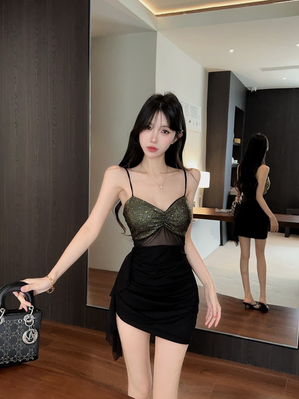실사 망사 패치워크 배색 술 만나는 쇼트 스타일 슬립 드레스