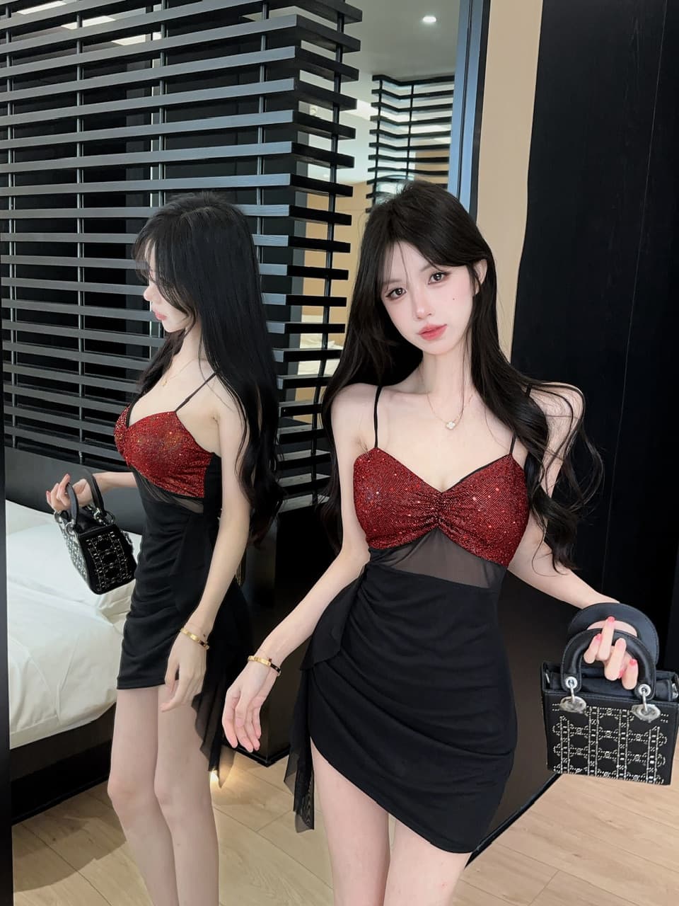 실사 망사 패치워크 배색 술 만나는 쇼트 스타일 슬립 드레스 상세 이미지 10