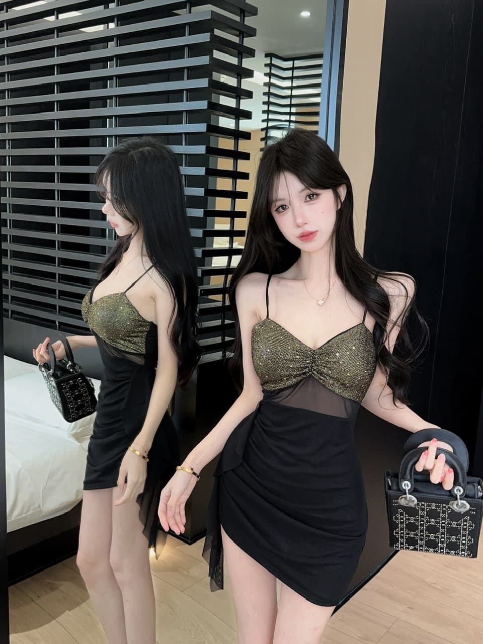 실사 망사 패치워크 배색 술 만나는 쇼트 스타일 슬립 드레스 상세 이미지 12