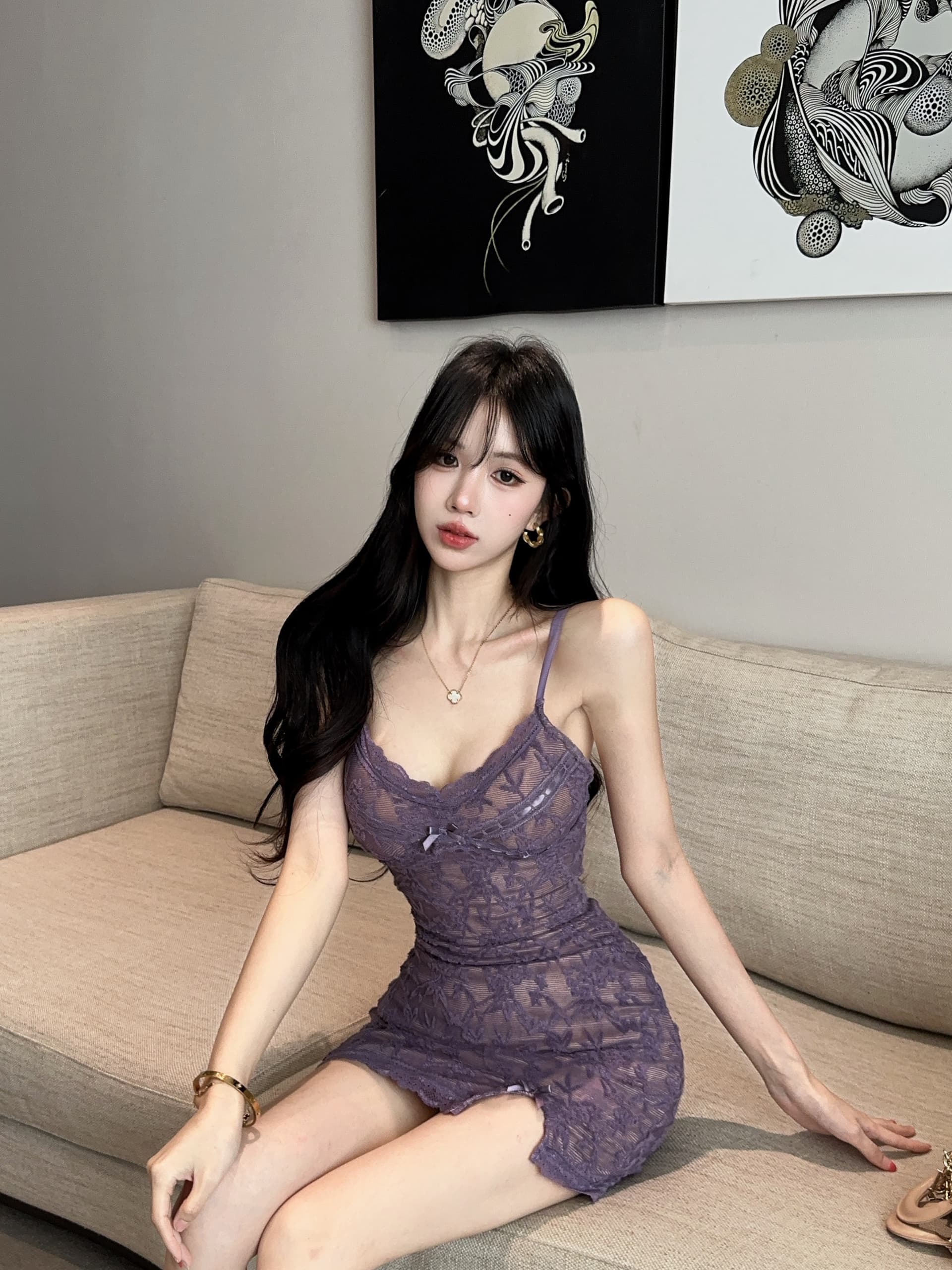 실사 쇼트 스타일 타이트 스커트 레이스 슬립 드레스 복장 상세 이미지 12