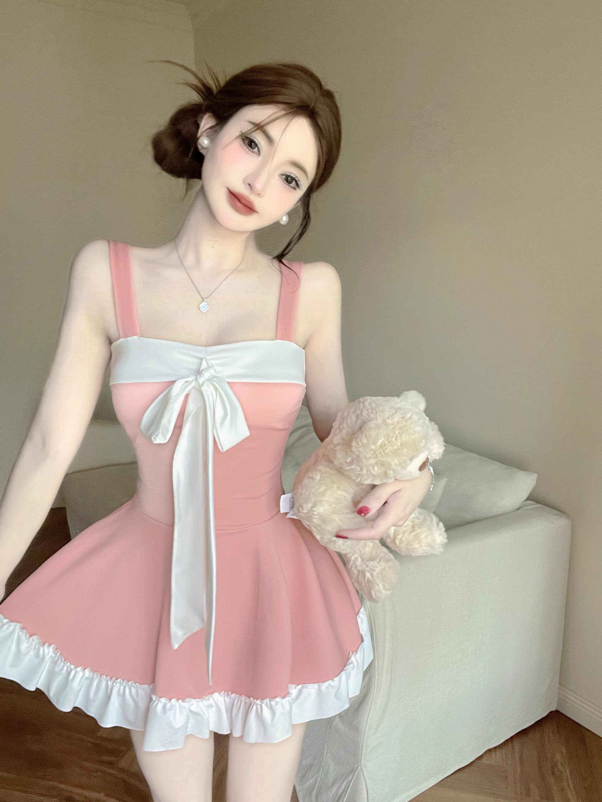 실사 패치워크 색상 허리 수축 큰 진자 조끼 원피스 상세 이미지 7