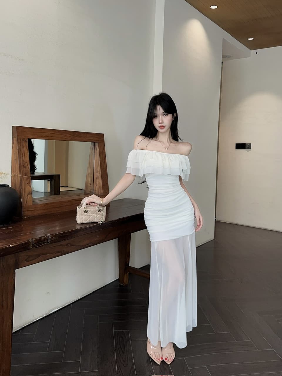 실사 망사 롱 코트 보트넥 오프숄더 드레스