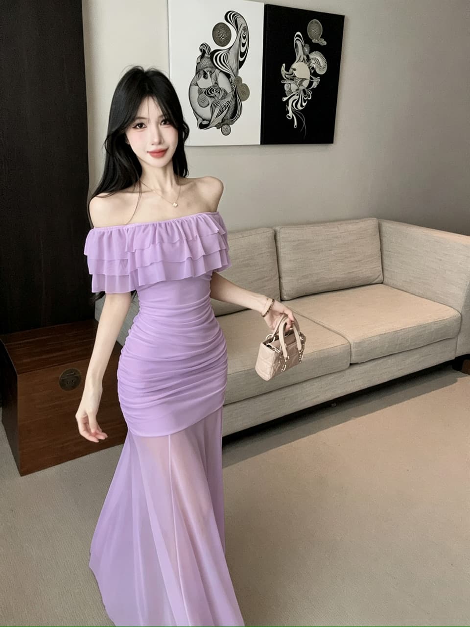 실사 망사 롱 코트 보트넥 오프숄더 드레스 이미지 3