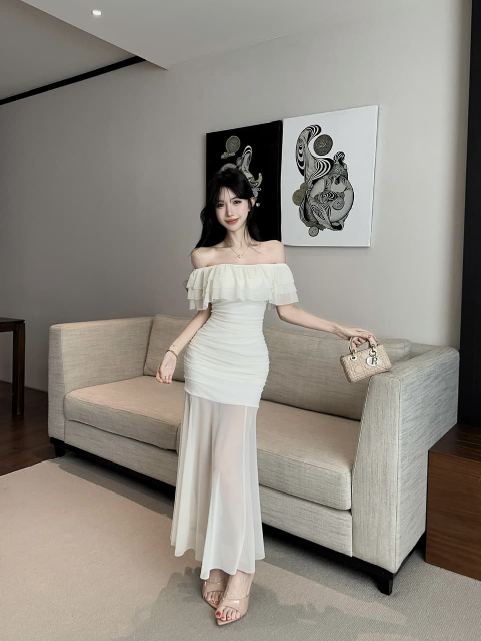 실사 망사 롱 코트 보트넥 오프숄더 드레스 상세 이미지 8