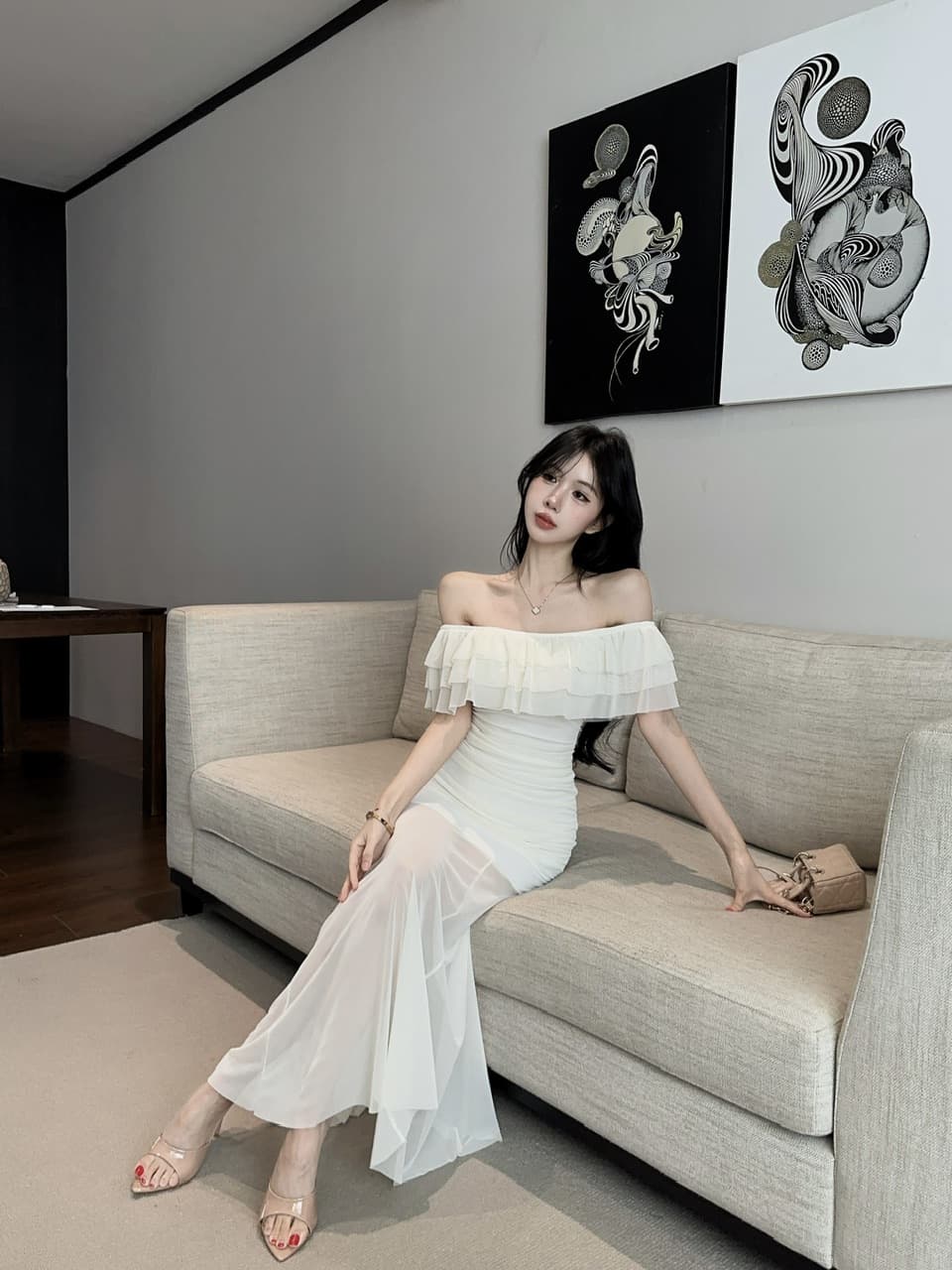 실사 망사 롱 코트 보트넥 오프숄더 드레스 상세 이미지 12
