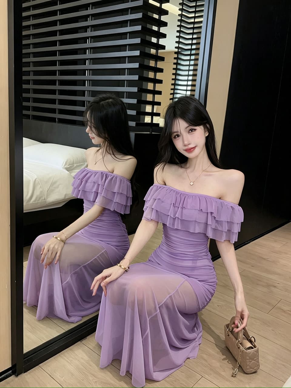 실사 망사 롱 코트 보트넥 오프숄더 드레스 상세 이미지 15