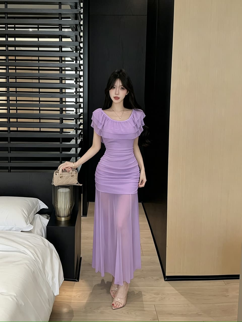 실사 망사 롱 코트 보트넥 오프숄더 드레스 상세 이미지 16