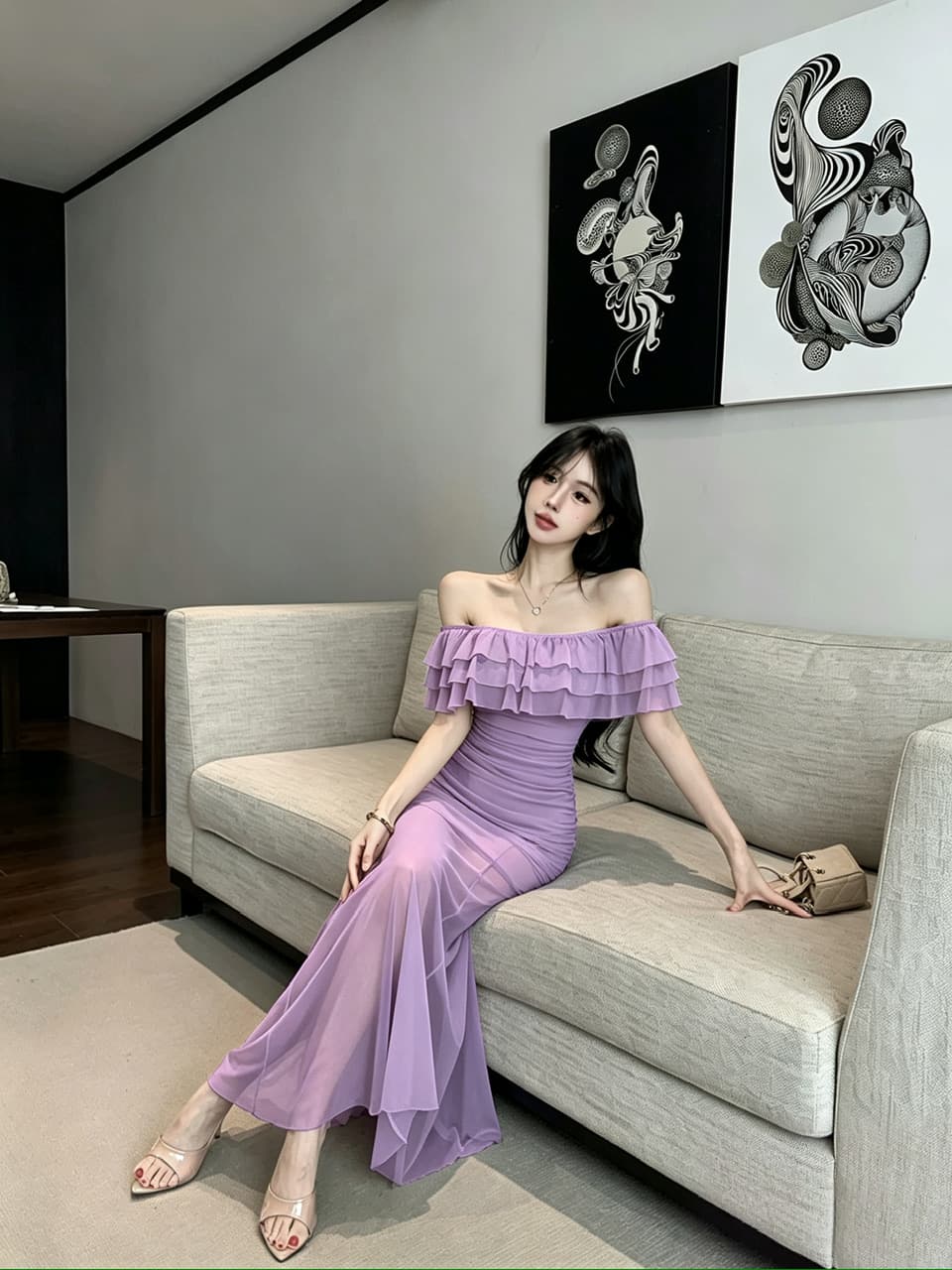 실사 망사 롱 코트 보트넥 오프숄더 드레스 상세 이미지 17