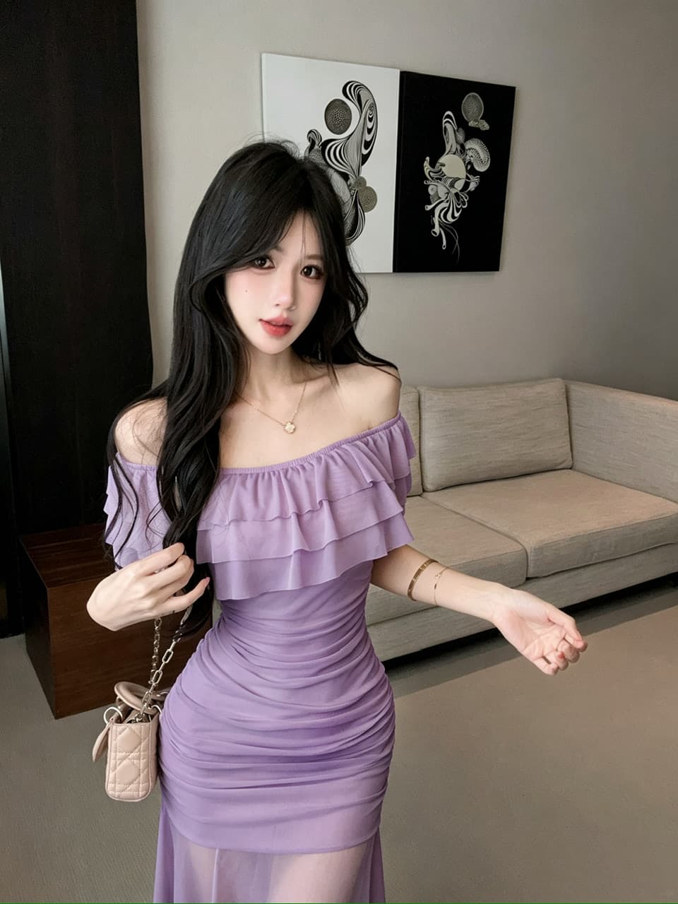 실사 망사 롱 코트 보트넥 오프숄더 드레스 상세 이미지 18