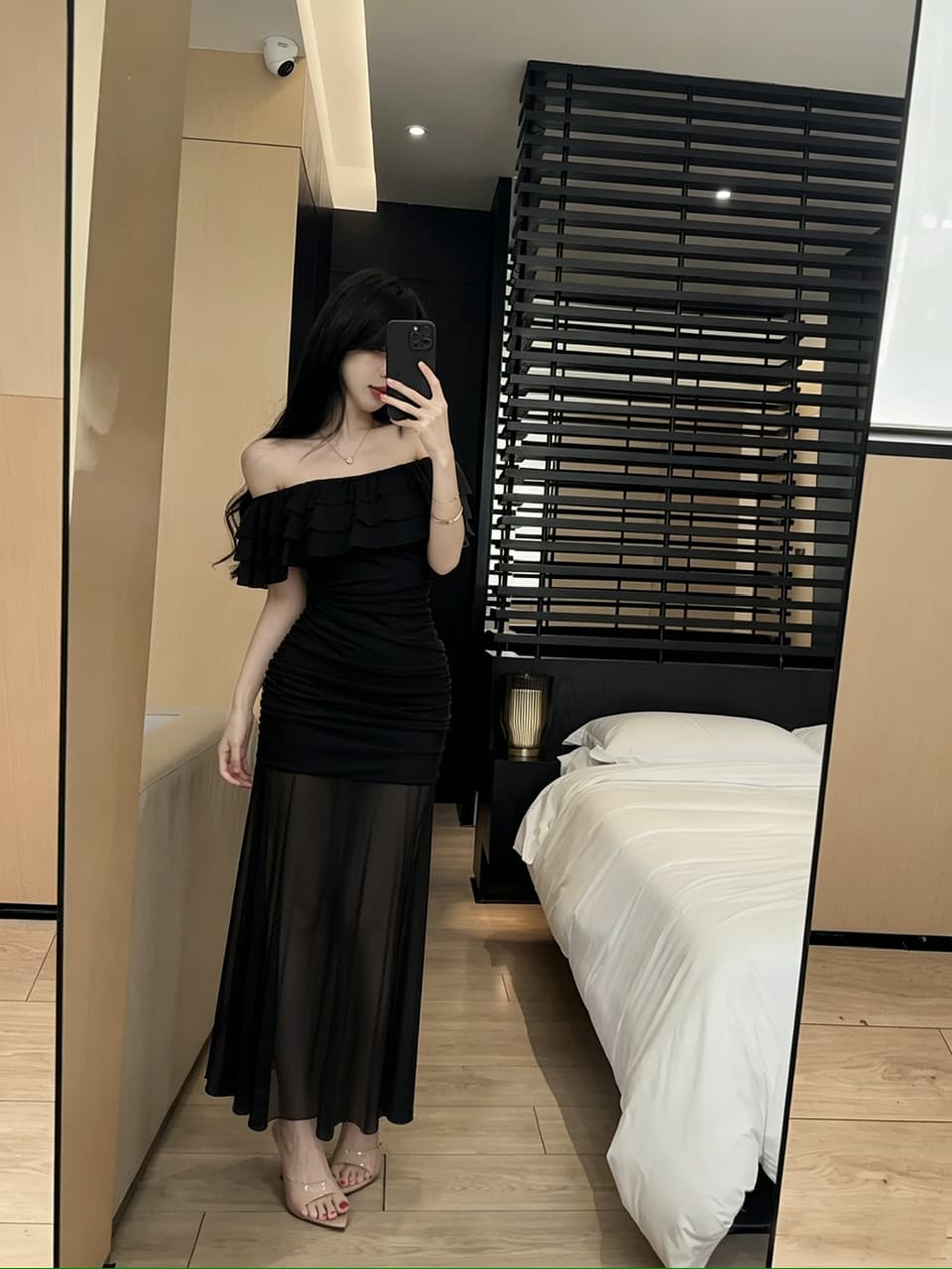 실사 망사 롱 코트 보트넥 오프숄더 드레스 상세 이미지 20