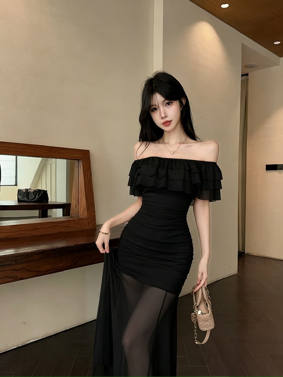 실사 망사 롱 코트 보트넥 오프숄더 드레스 상세 이미지 23