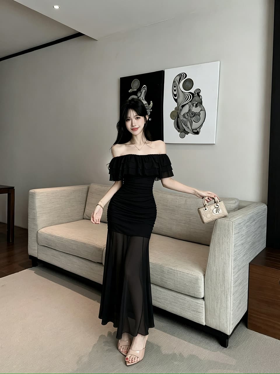 실사 망사 롱 코트 보트넥 오프숄더 드레스 상세 이미지 24