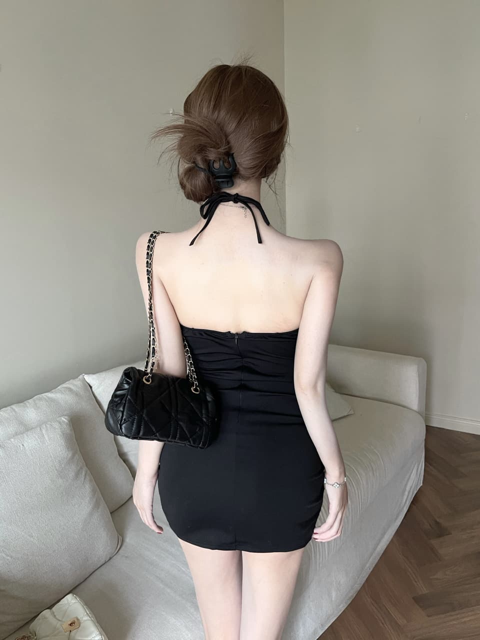 실사 레오파드 무늬 배색 쇼트 스타일 타이트 스커트 슬립 드레스 복장 상세 이미지 12