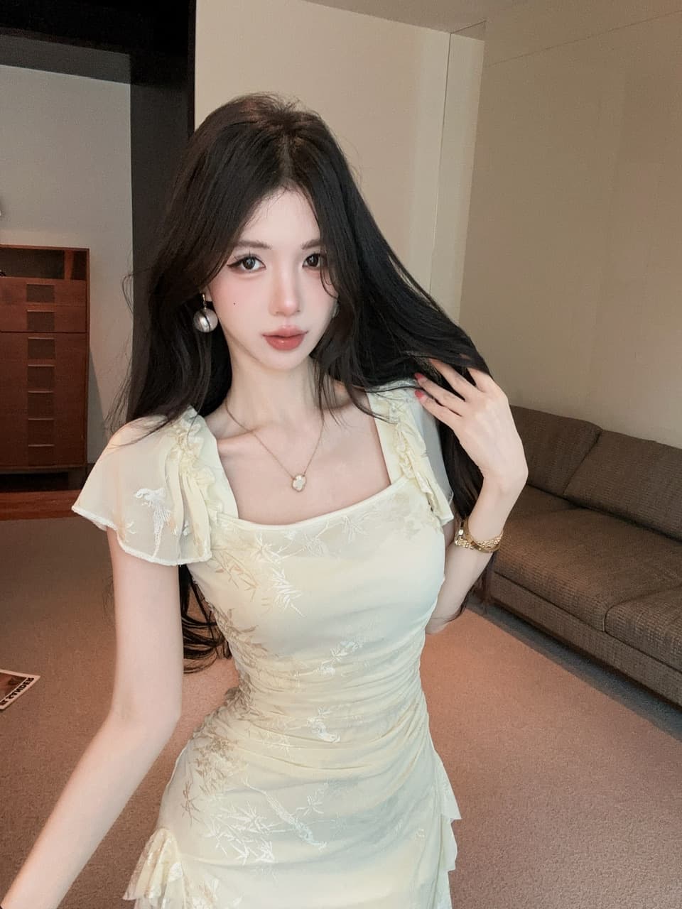 실사 레이스 롱 코트 반팔 드레스 복장 상세 이미지 19