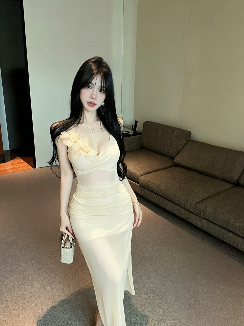 실사 롱 코트 슬립 꽃 패치워크 망사 드레스 상세 이미지 1