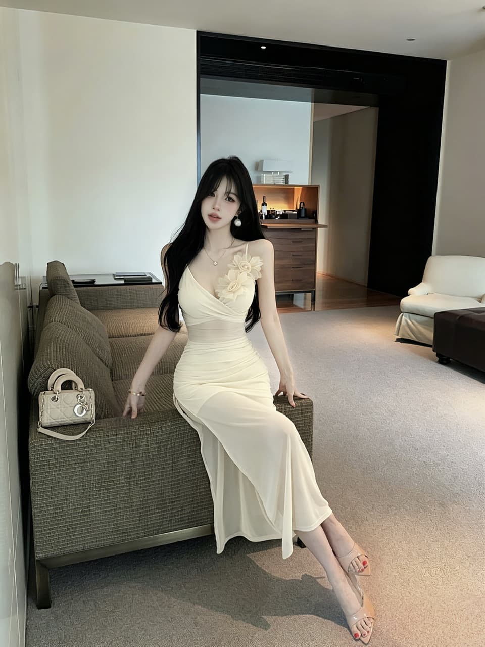 실사 롱 코트 슬립 꽃 패치워크 망사 드레스 상세 이미지 5