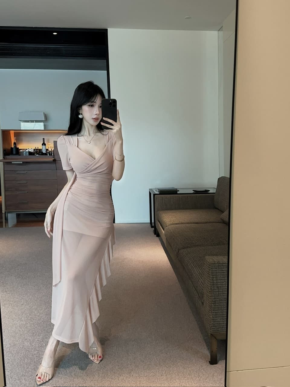 실사 롱 코트 망사 드레스 이미지 3