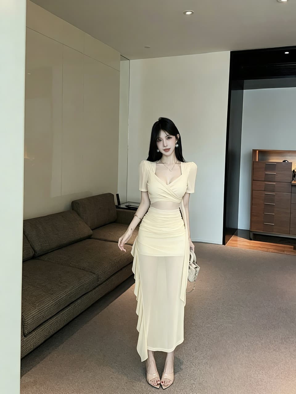 실사 롱 코트 망사 드레스 상세 이미지 6
