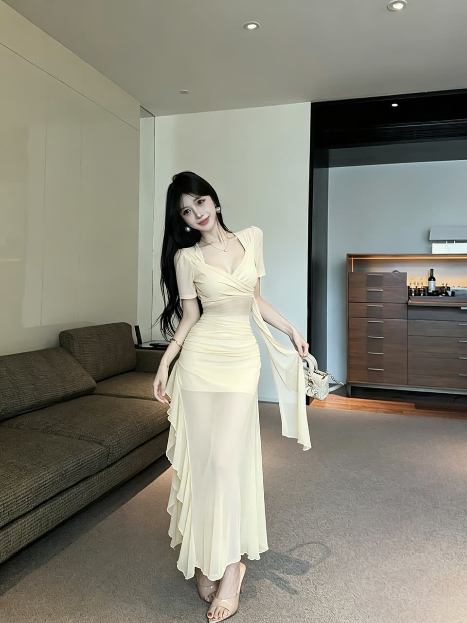 실사 롱 코트 망사 드레스 상세 이미지 7