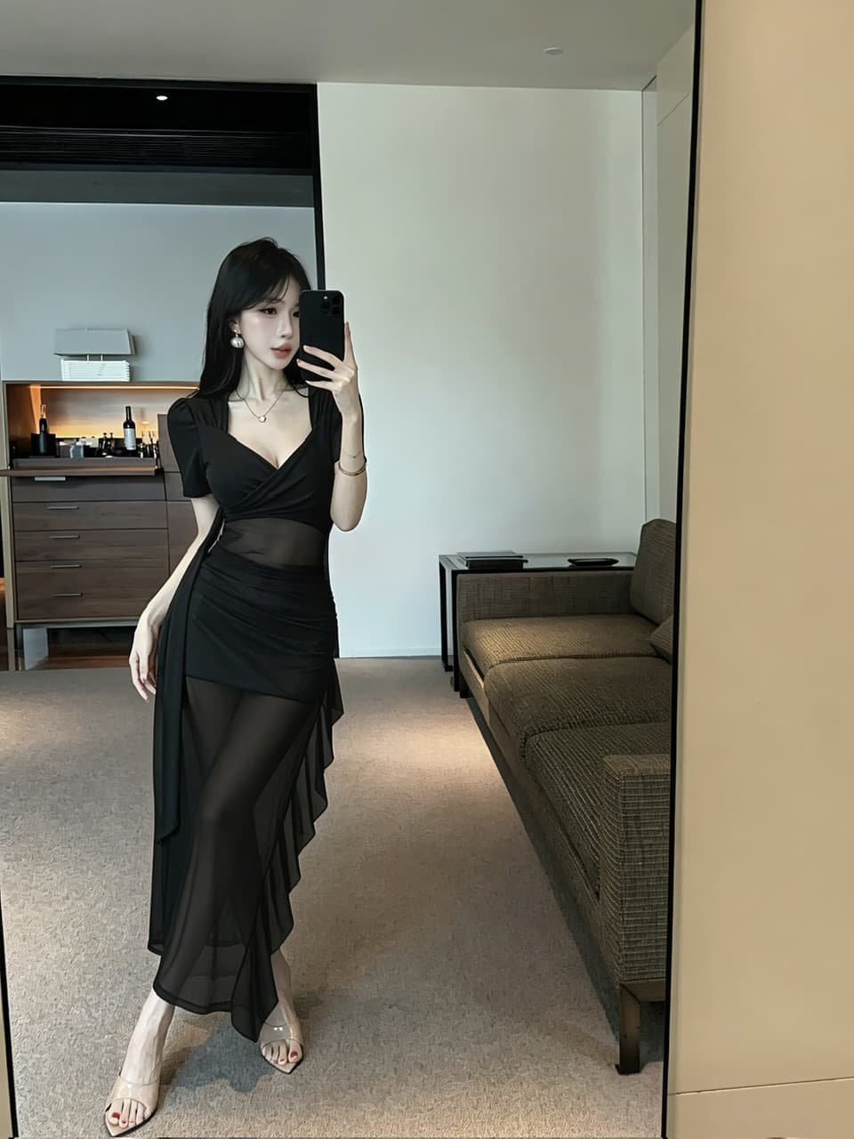 실사 롱 코트 망사 드레스 상세 이미지 11