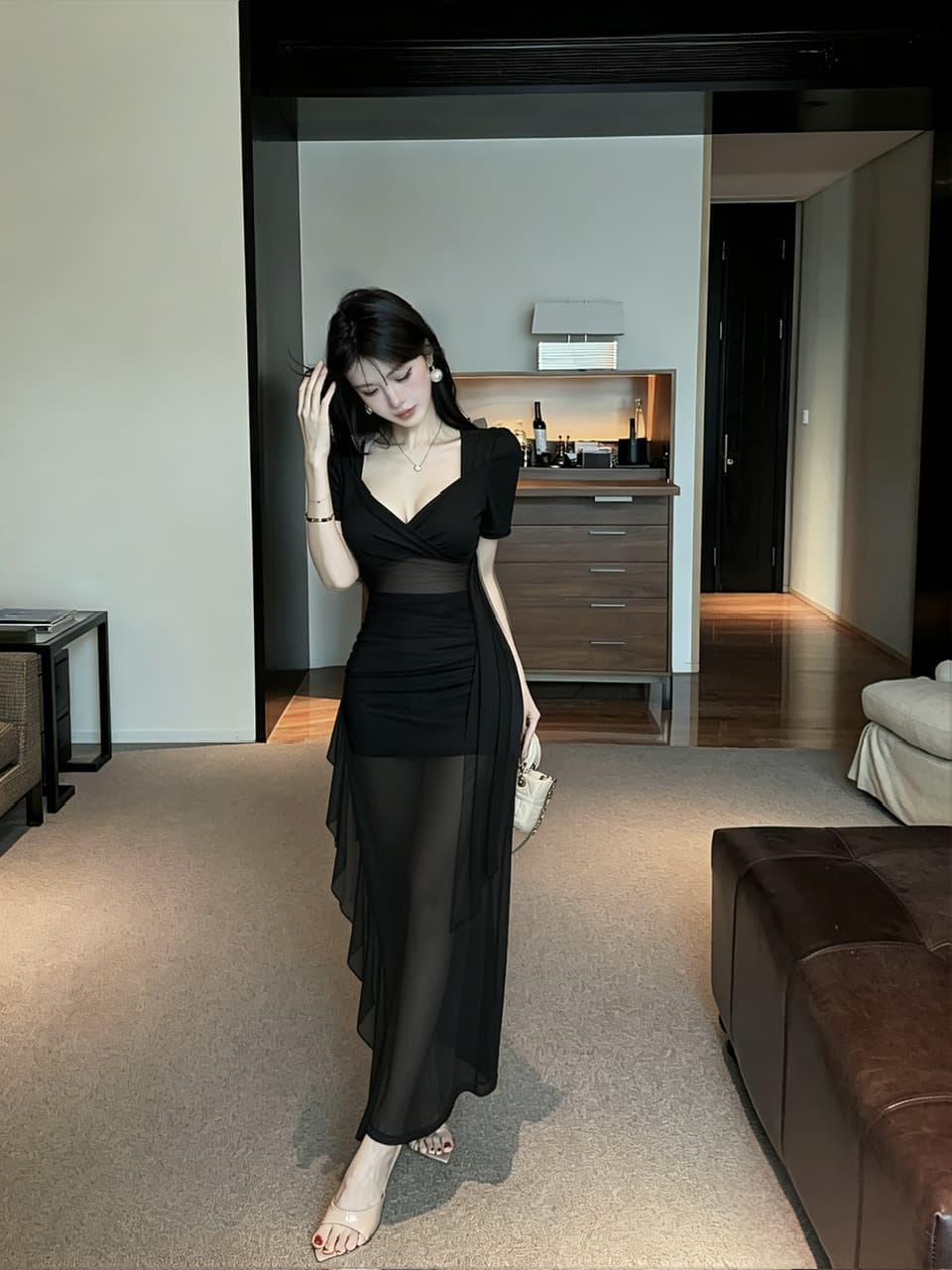 실사 롱 코트 망사 드레스 상세 이미지 15