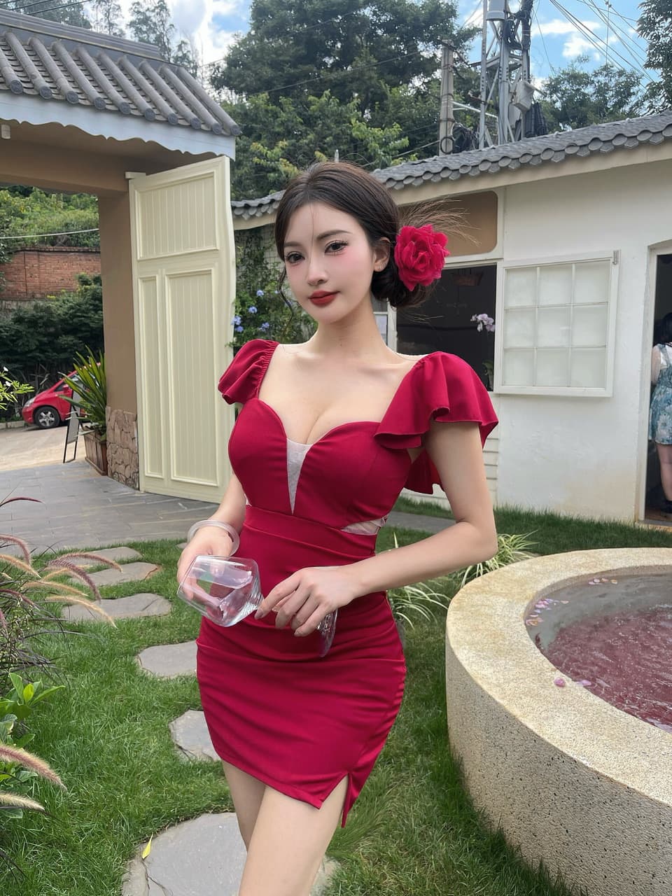 실사 쇼트 스타일 프릴 타이트 스커트 드레스 복장 상세 이미지 17