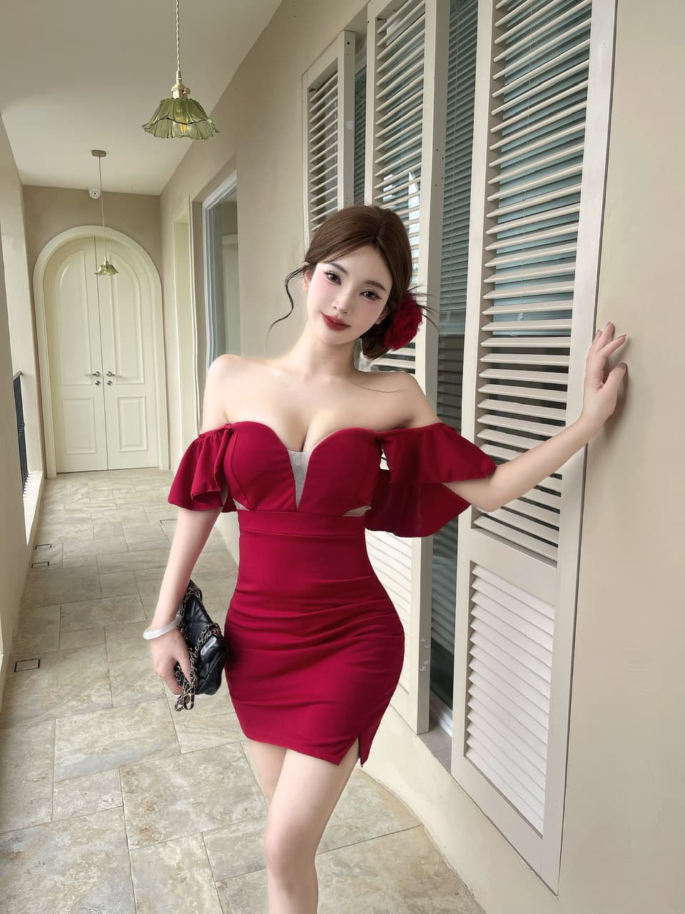 실사 쇼트 스타일 프릴 타이트 스커트 드레스 복장 상세 이미지 19