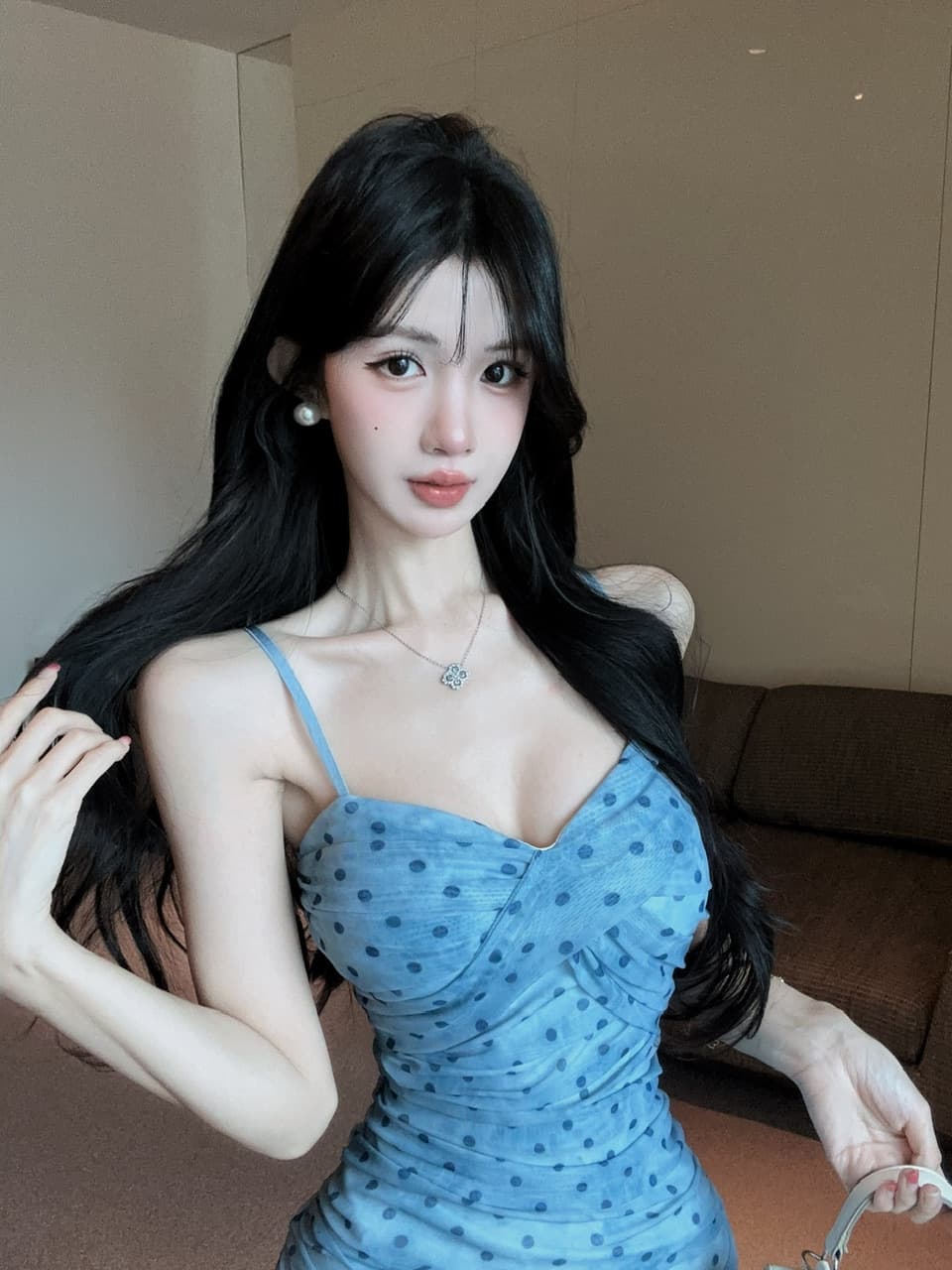 실사 쇼트 스타일 도트 무늬 망사 타이트 스커트 슬립 드레스 상세 이미지 10
