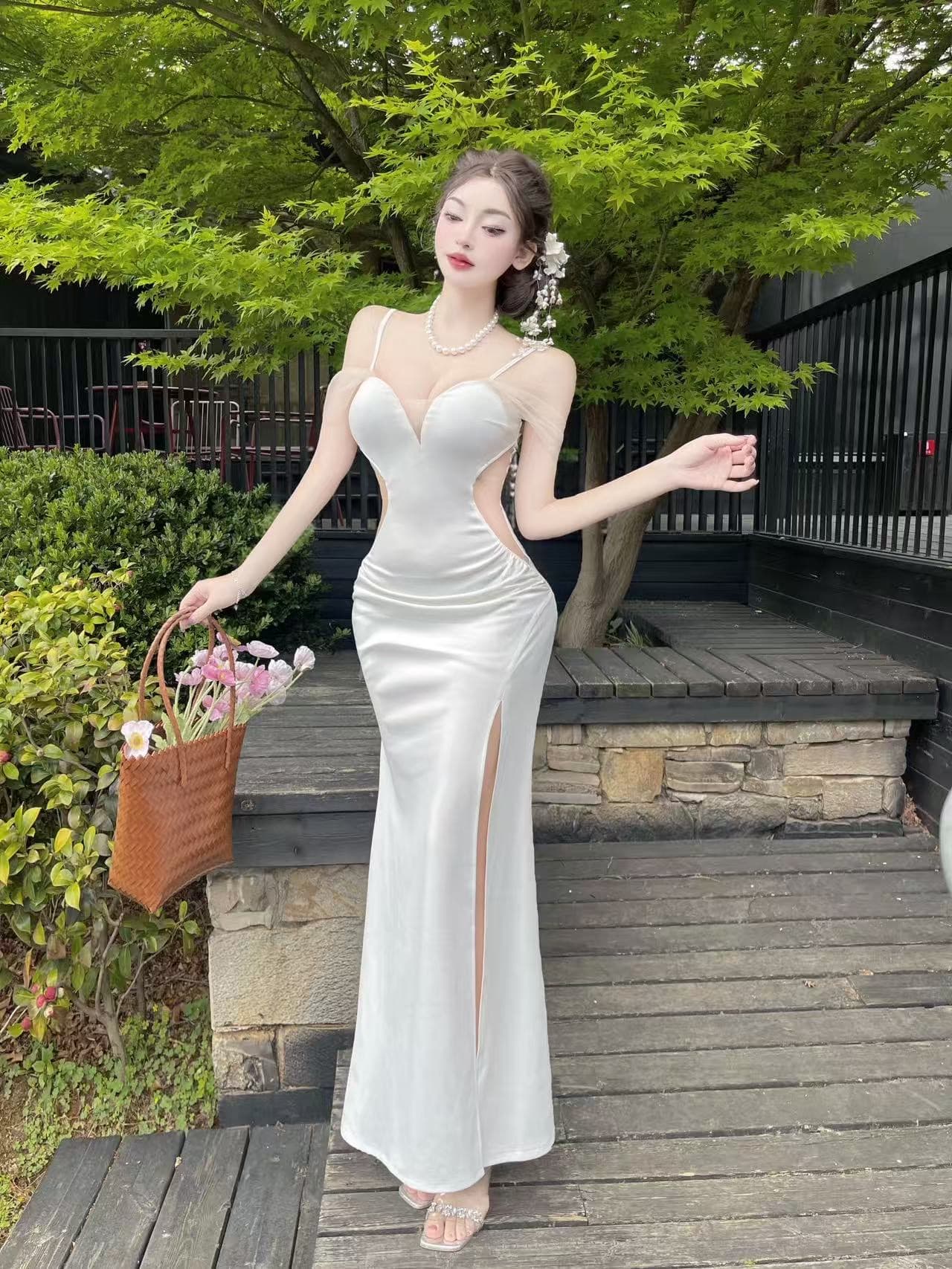 실사 롱 코트 망사 패치워크 슬립 드레스 이미지 4