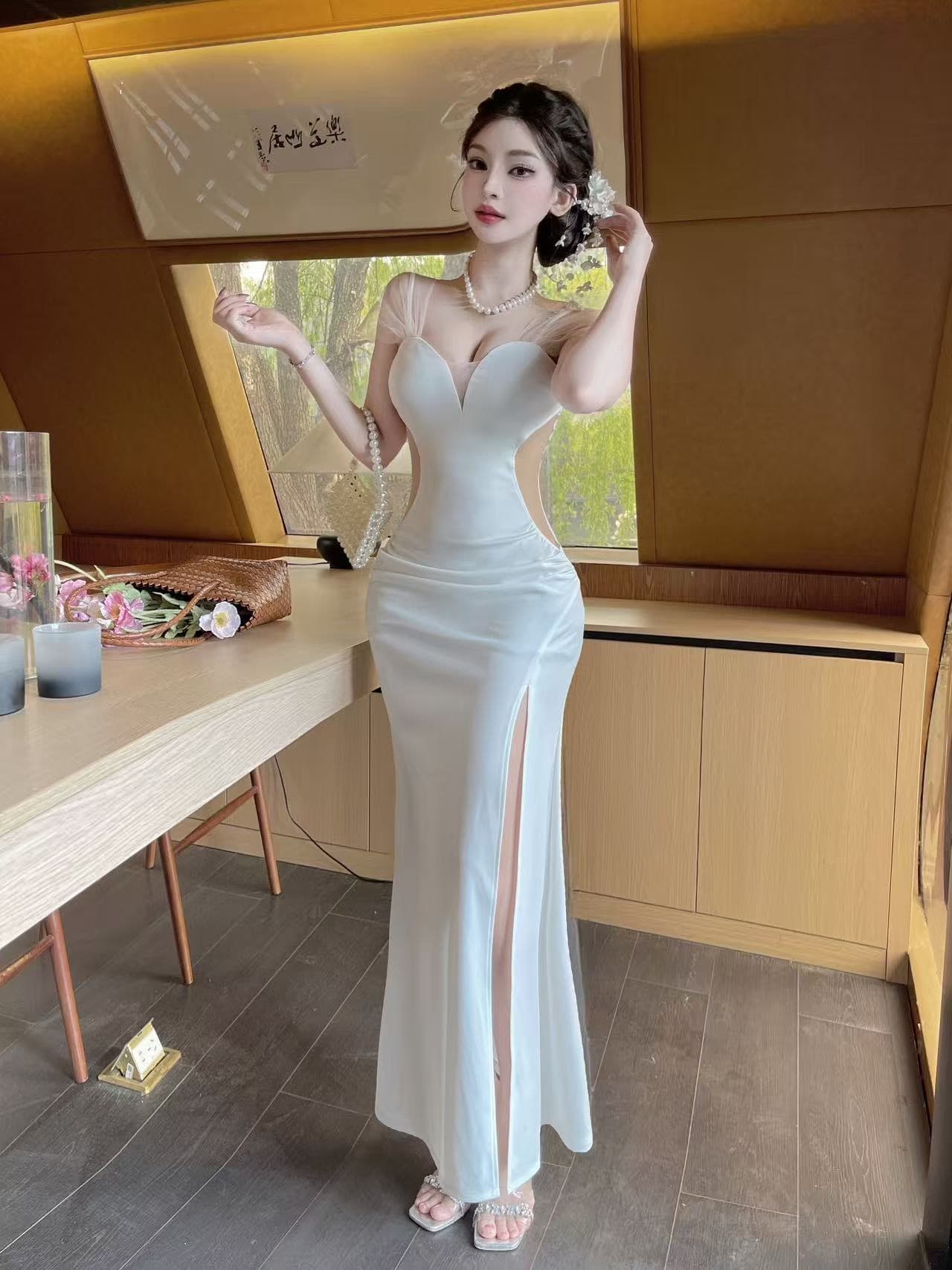 실사 롱 코트 망사 패치워크 슬립 드레스 상세 이미지 3