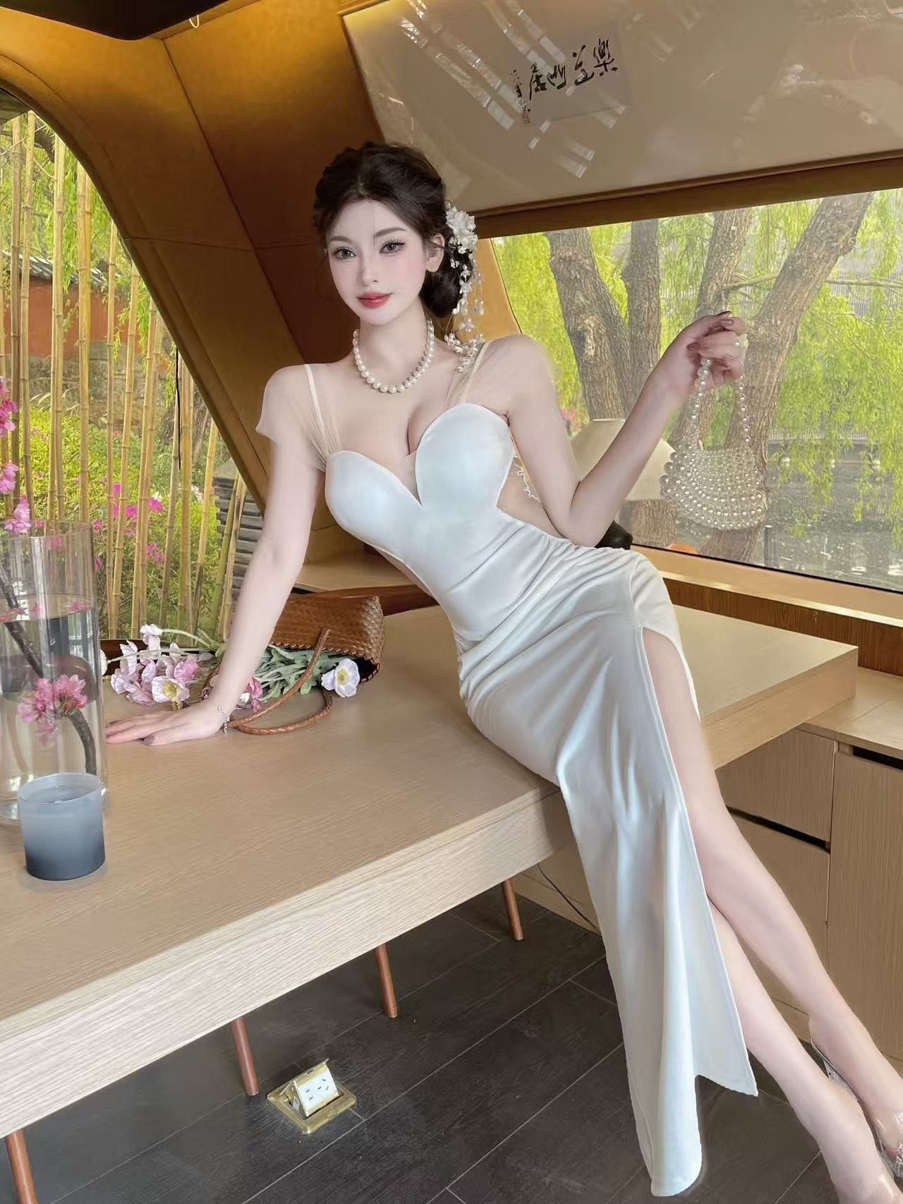 실사 롱 코트 망사 패치워크 슬립 드레스 상세 이미지 5